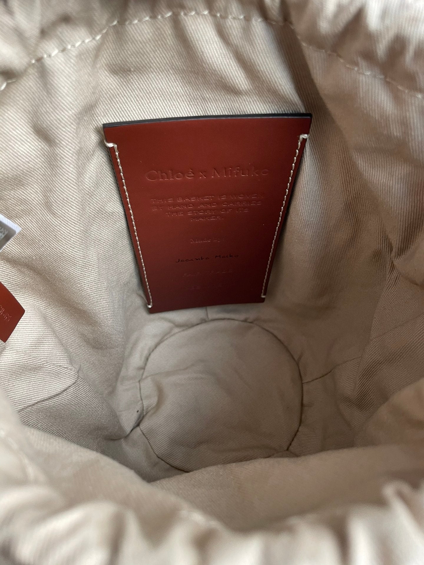 SMALL WOODY BASKET 17 IN NATURAL FIBERS BEIGE WEBBING DARK BROWN CALFSKIN