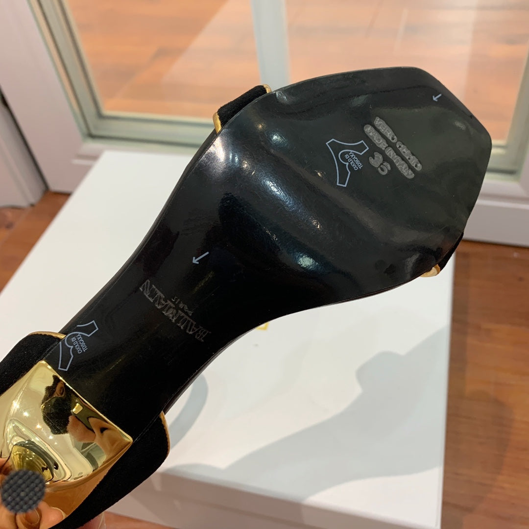 BALMAIN 25S UMA HEELED SANDALS 105MM IN BLACK SUEDE GOLD HARDWARE