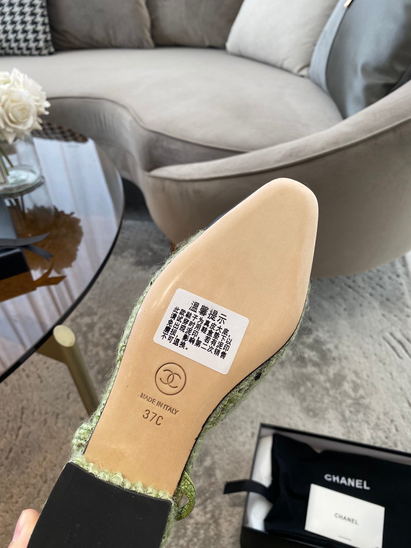 SLINGBACKS IN LIGHT GREEN FABRIC AND BLACK CALFSKIN