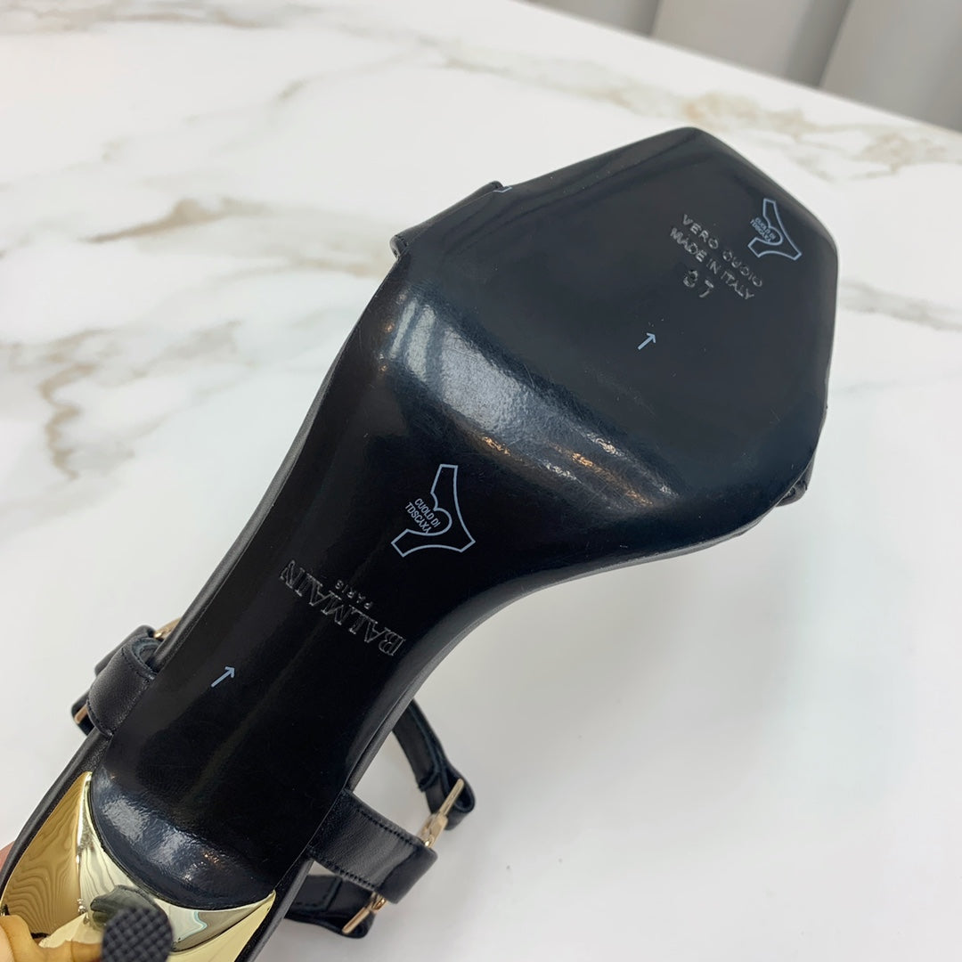 BALMAIN 25S HIGH HEELS WITH B METAL DETAIL 95MM IN BLACK CALFSKIN