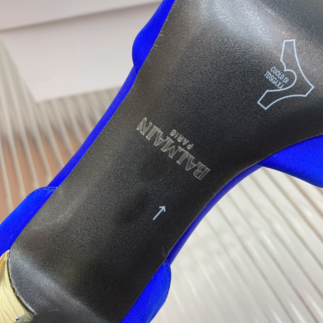 BALMAIN 25S KNOTTED HIGH HEELS 95MM IN DARK BLUE SATIN