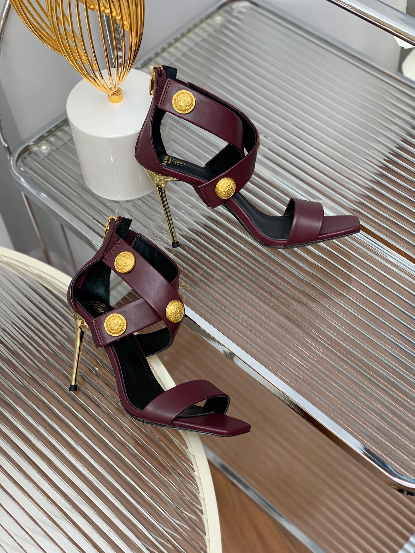 BALMAIN 25S CROSSOVER STRAP HIGH HEELS 95MM IN ROSEWOOD CALFSKIN