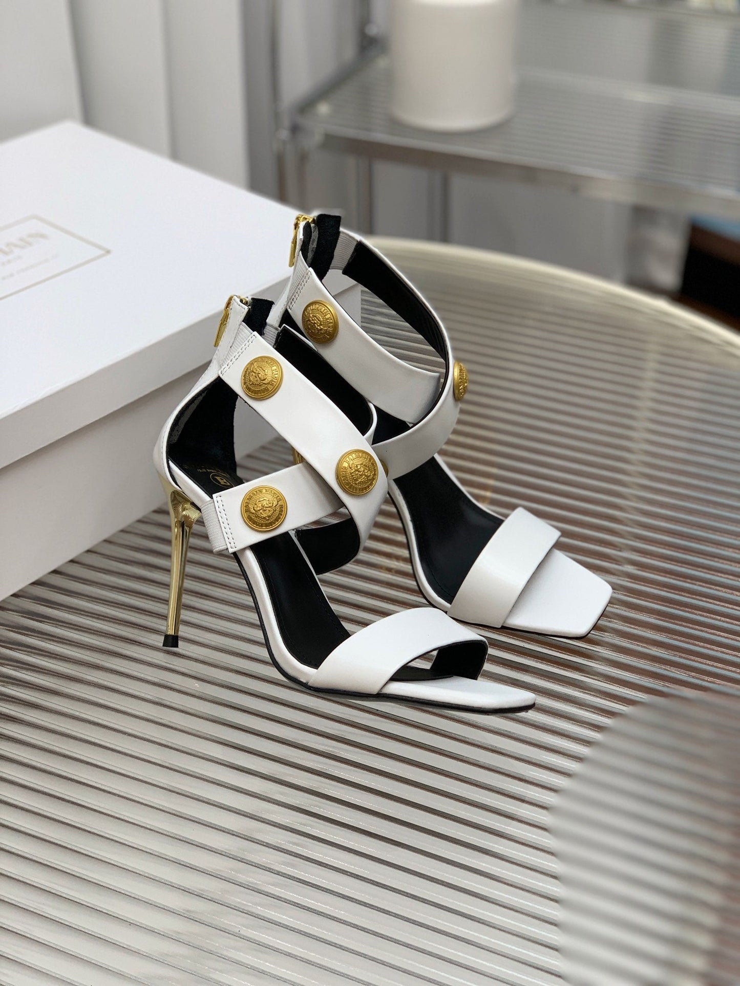 BALMAIN 25S CROSSOVER STRAP HIGH HEELS 95MM IN LIGHT GRAY CALFSKIN