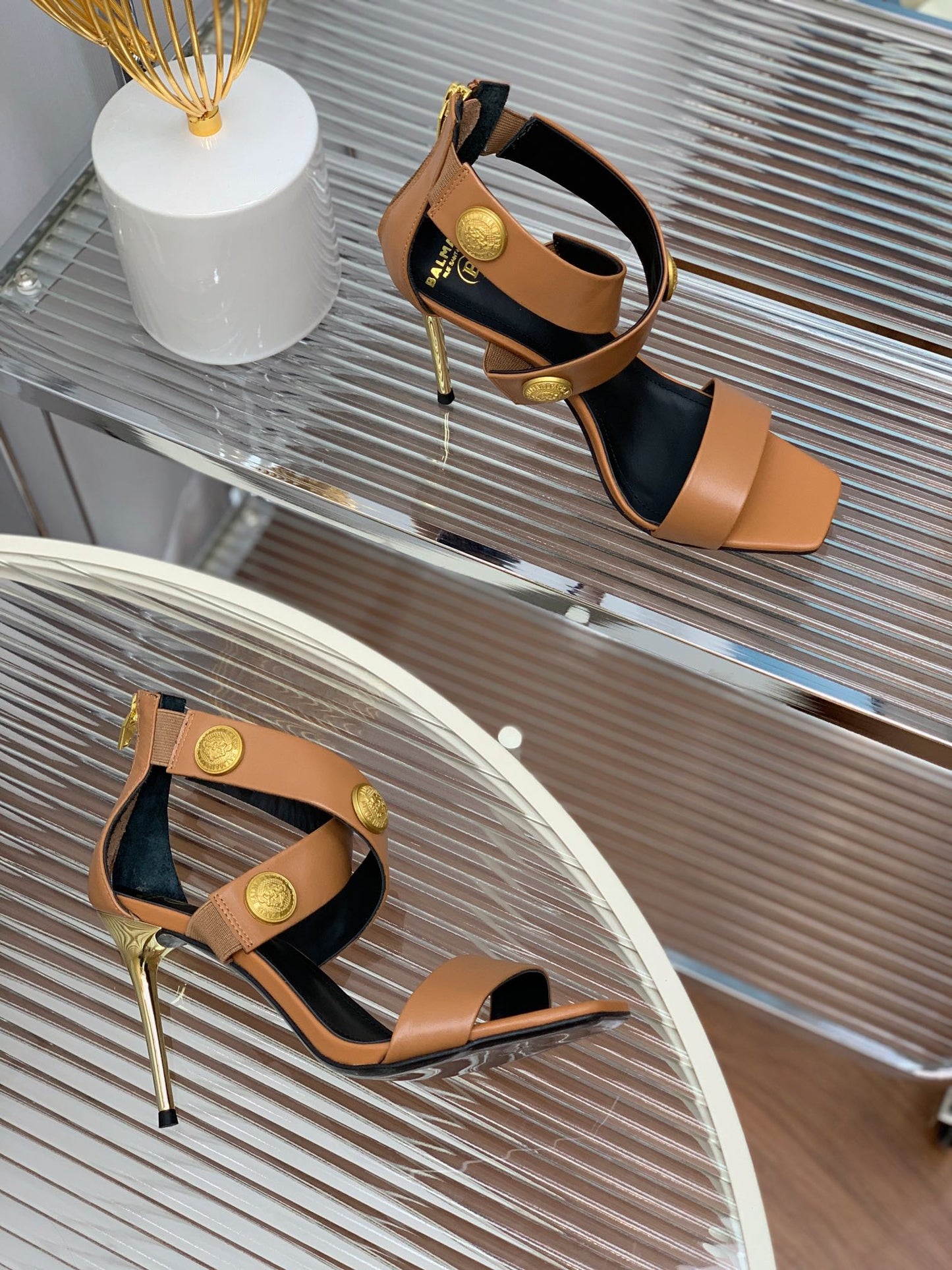 BALMAIN 25S CROSSOVER STRAP HIGH HEELS 95MM IN BROWN CALFSKIN