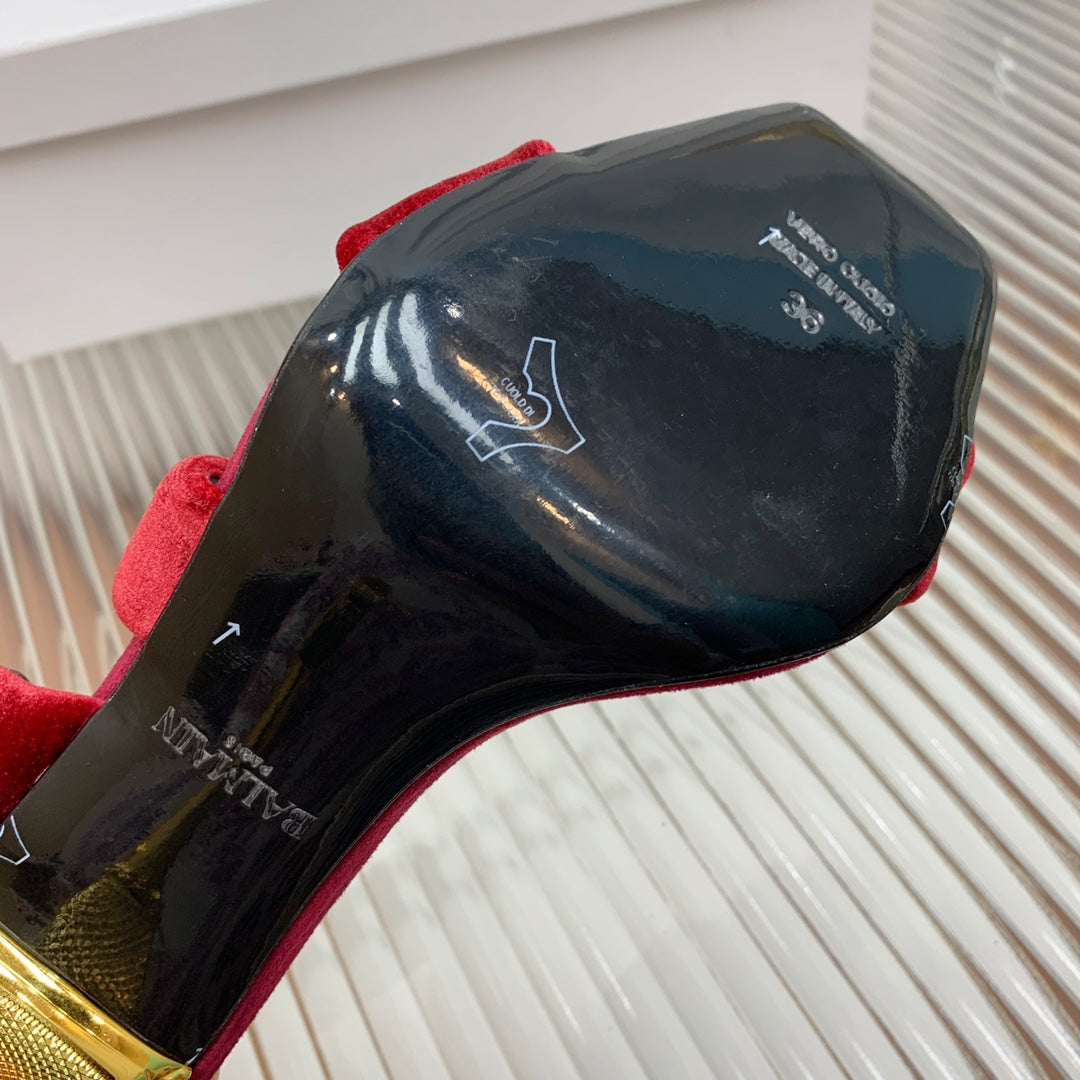 BALMAIN 25S MONETA HEELED SANDALS 95MM IN DARK CRIMSON VELVET