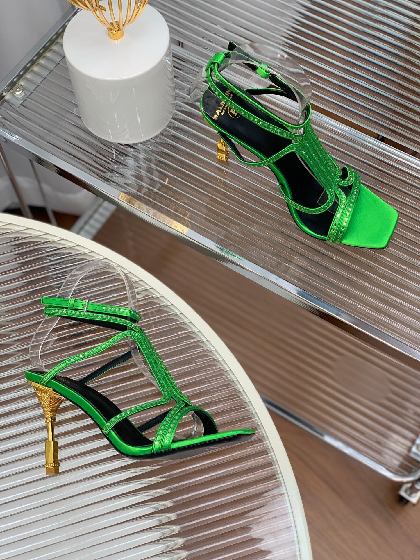 BALMAIN 25S MONETA SANDAL 95MM IN DARK GREEN CALFSKIN WITH CRYSTAL