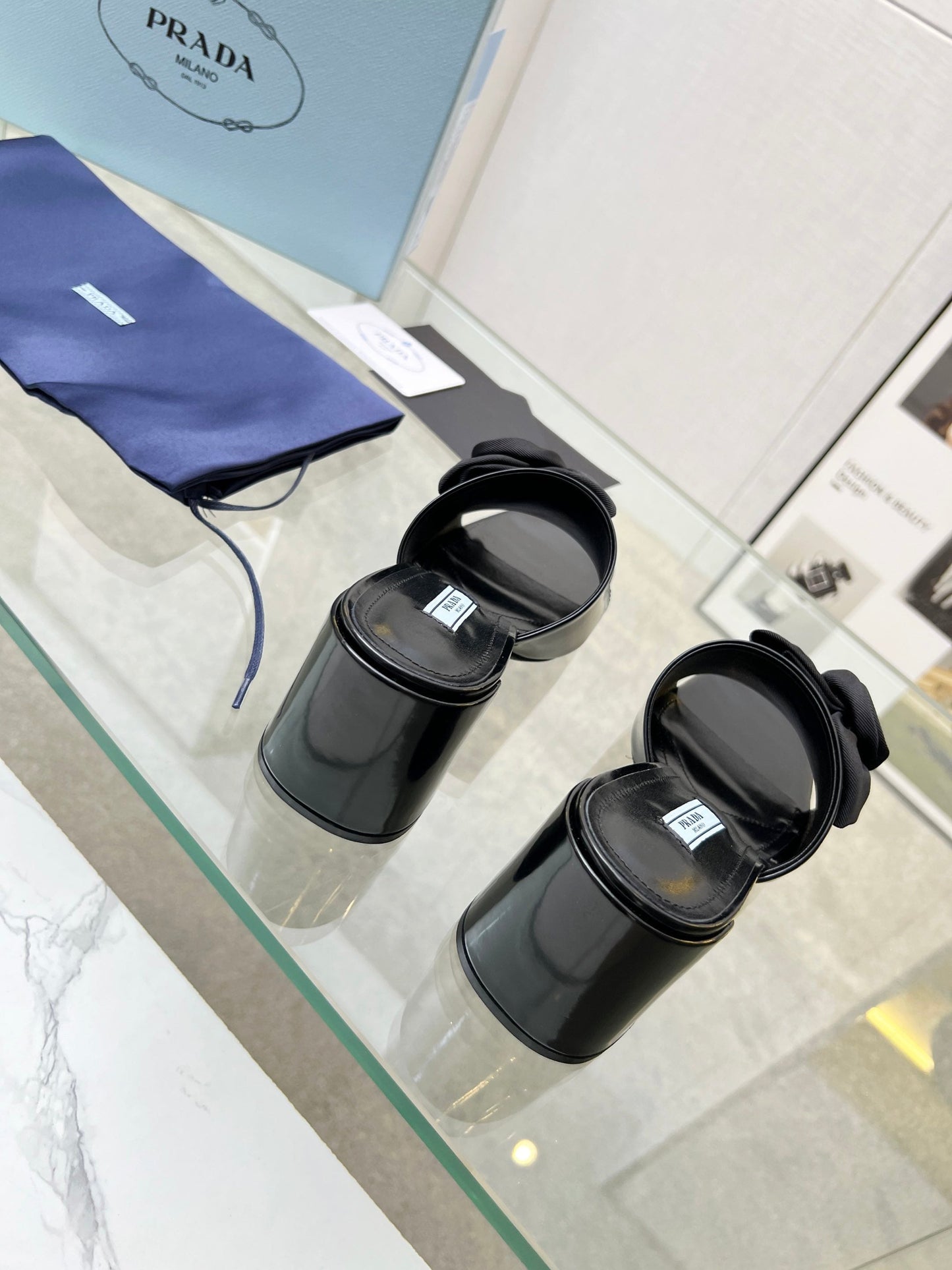 PRA FLOWER BLOCK HEELS 75 BLACK CALFSKIN