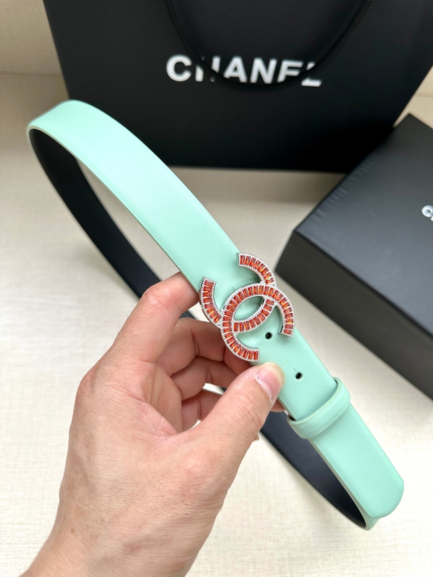 CHANEL 25S BELT 30 MM IN MINT GREEN CALFSKIN 616962