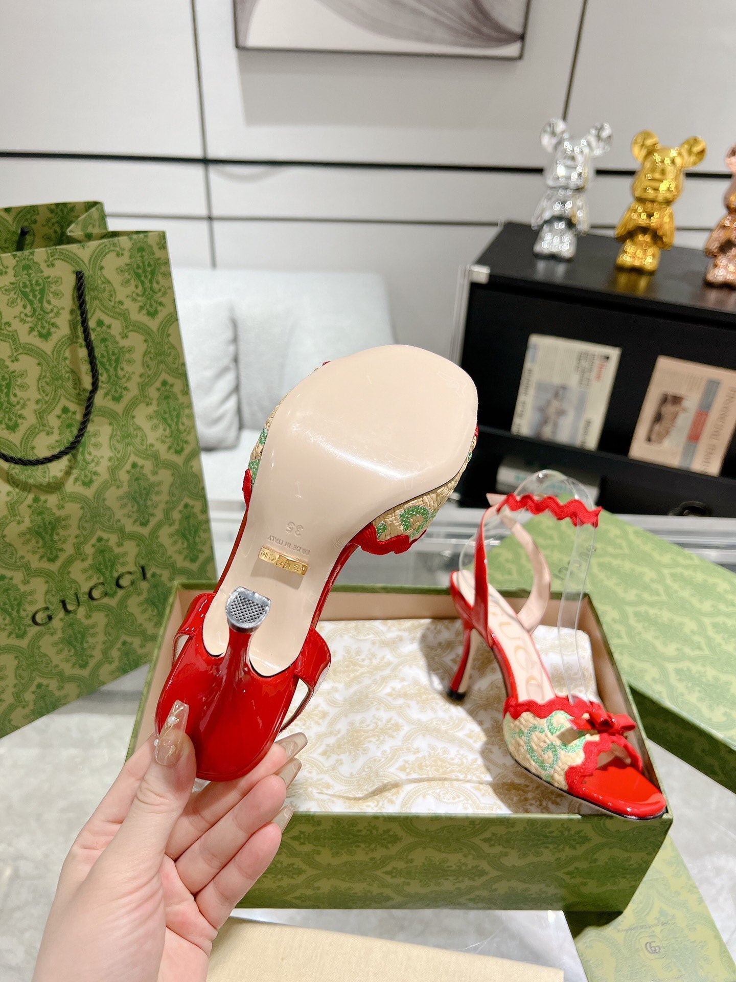 GG HIGH - HEEL SANDAL CRIMSON FABRIC ATTACH BOW