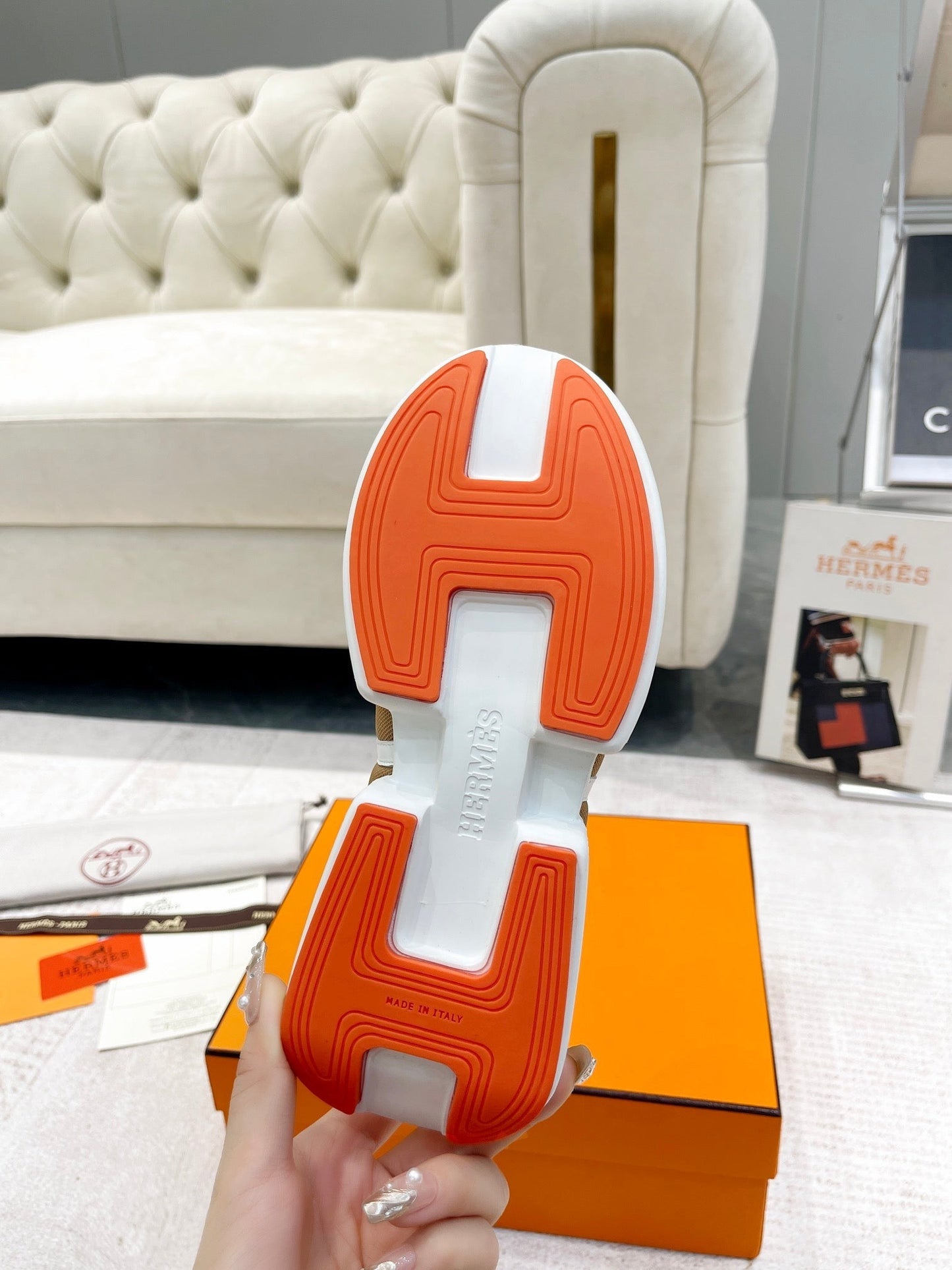 GIGA SNEAKER IN TAN BROWN STITCHED MESH AND WHITE CALFSKIN