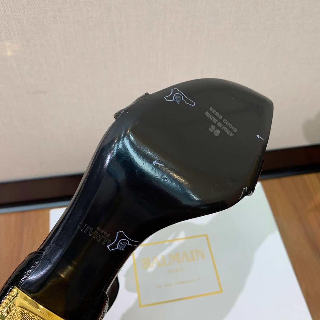 BALMAIN 25S SQUARE STRAP HIGH HEELS 100MM IN BLACK PATENT CALFSKIN