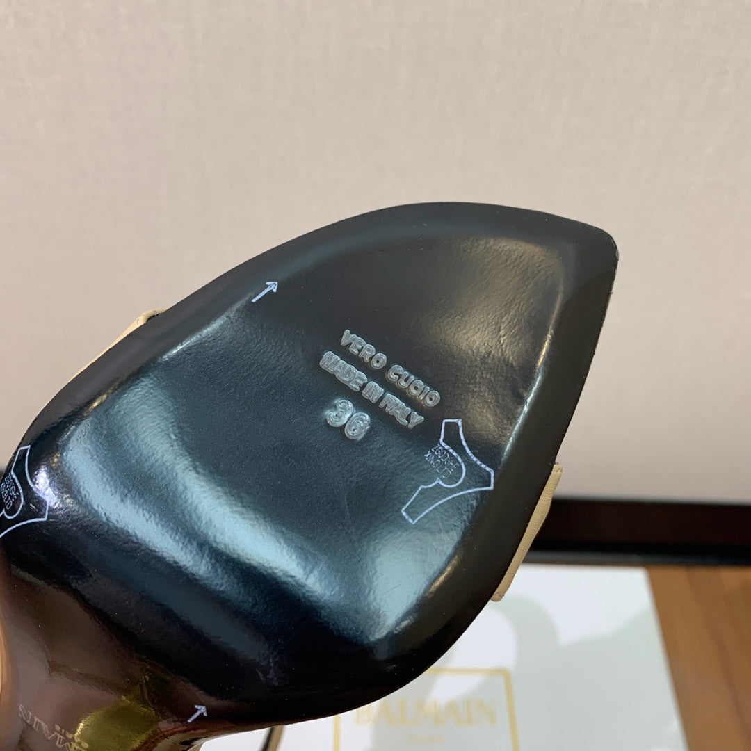 BALMAIN 25S SQUARE STRAP HIGH HEELS 100MM IN BEIGE GRAY CALFSKIN