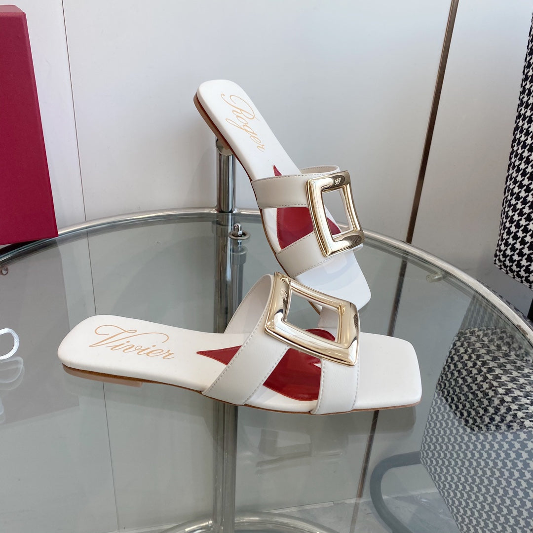 VIV' BY THE SEA LOVE METAL MULES IN WHITE CALFSKIN GOLD BUCKLE