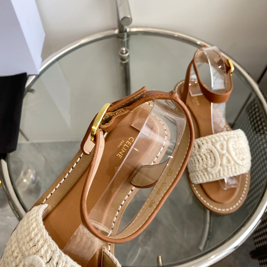 LYMPIA SANDAL IN WHITE TRIOMPHE MACCRAMÉ COTTON AND TAN CALFSKIN