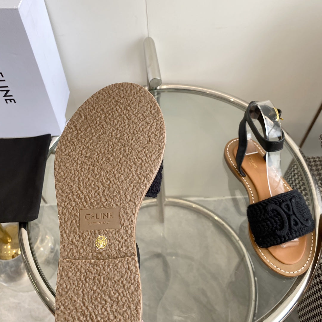 LYMPIA SANDAL IN BLACK TRIOMPHE MACCRAMÉ COTTON AND CALFSKIN