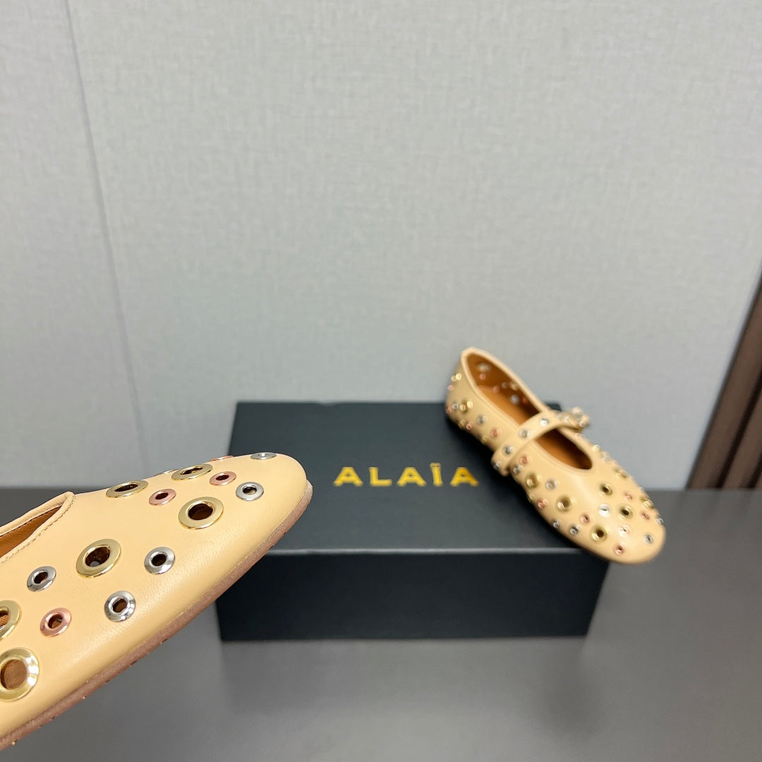 ALAIA MARY JANE SHOES IN BEIGE CREAM LAMBSKIN GOLD MIX SILVER HARDWARE