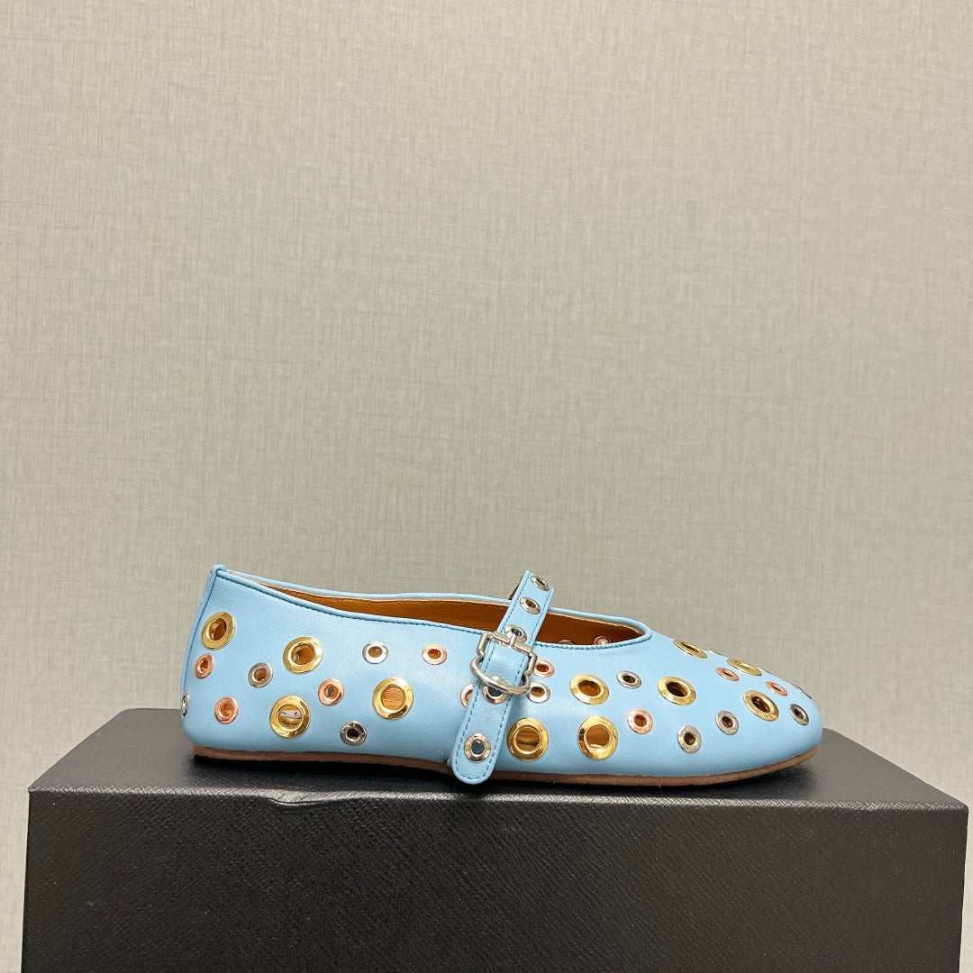 ALAIA MARY JANE SHOES IN LIGHT BLUE LAMBSKIN GOLD MIX SILVER HARDWARE