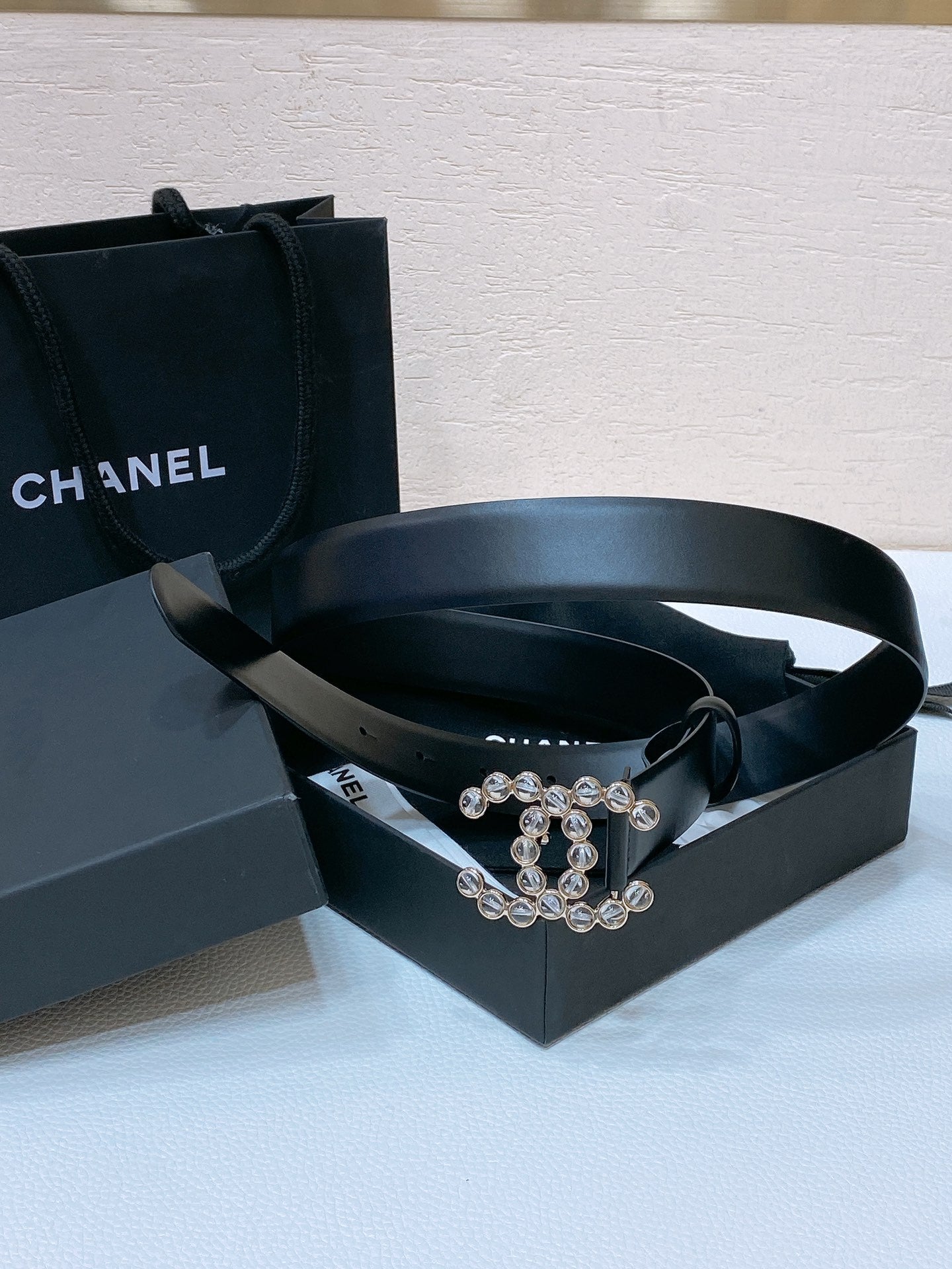 CC BELT 30 MM IN BLACK CALFSKIN PEARL LOGO