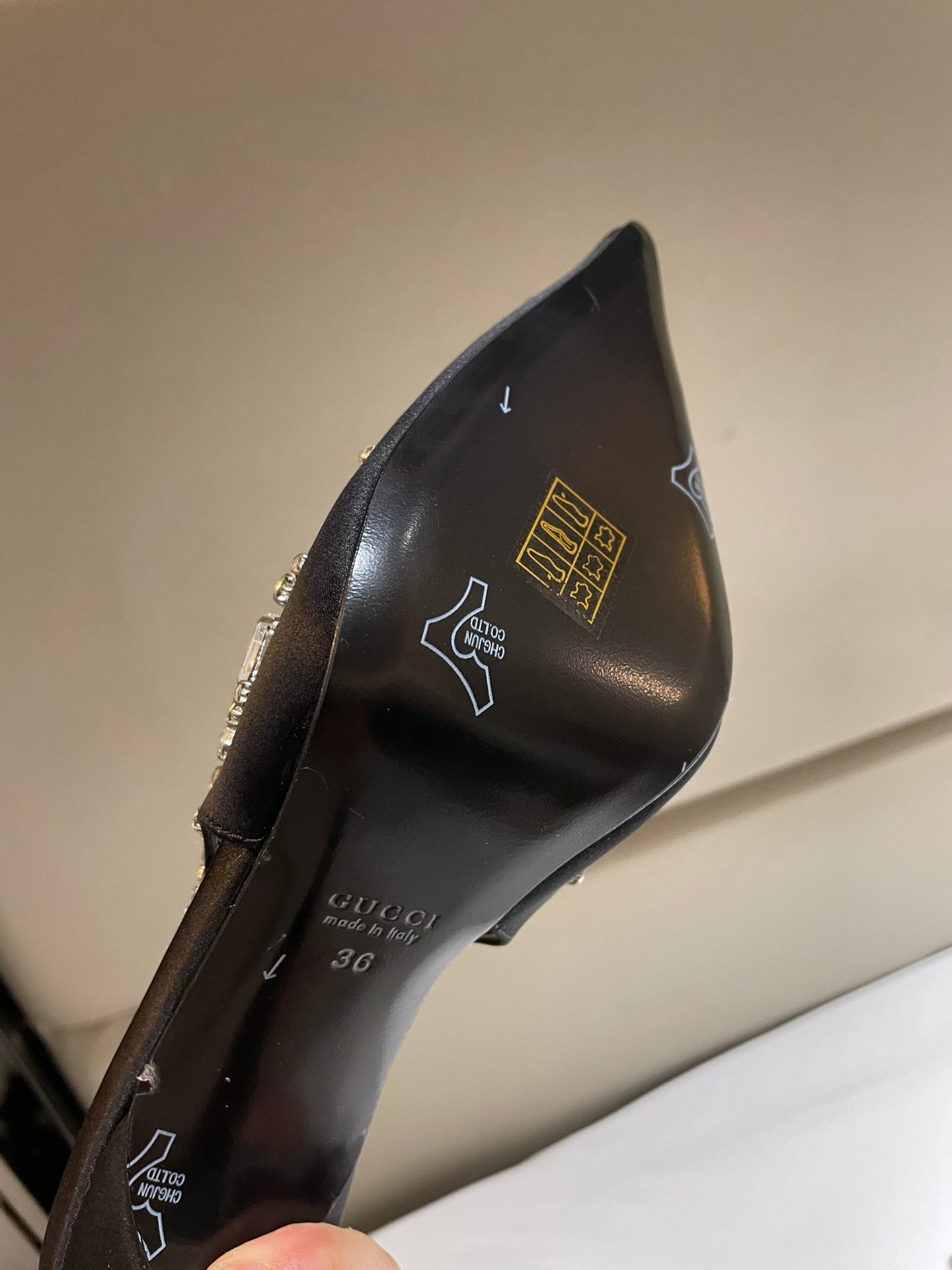 GG HIGH SLINGBACK 105 IN BLACK SATIN WITH CRYSTAL DIAMONDS