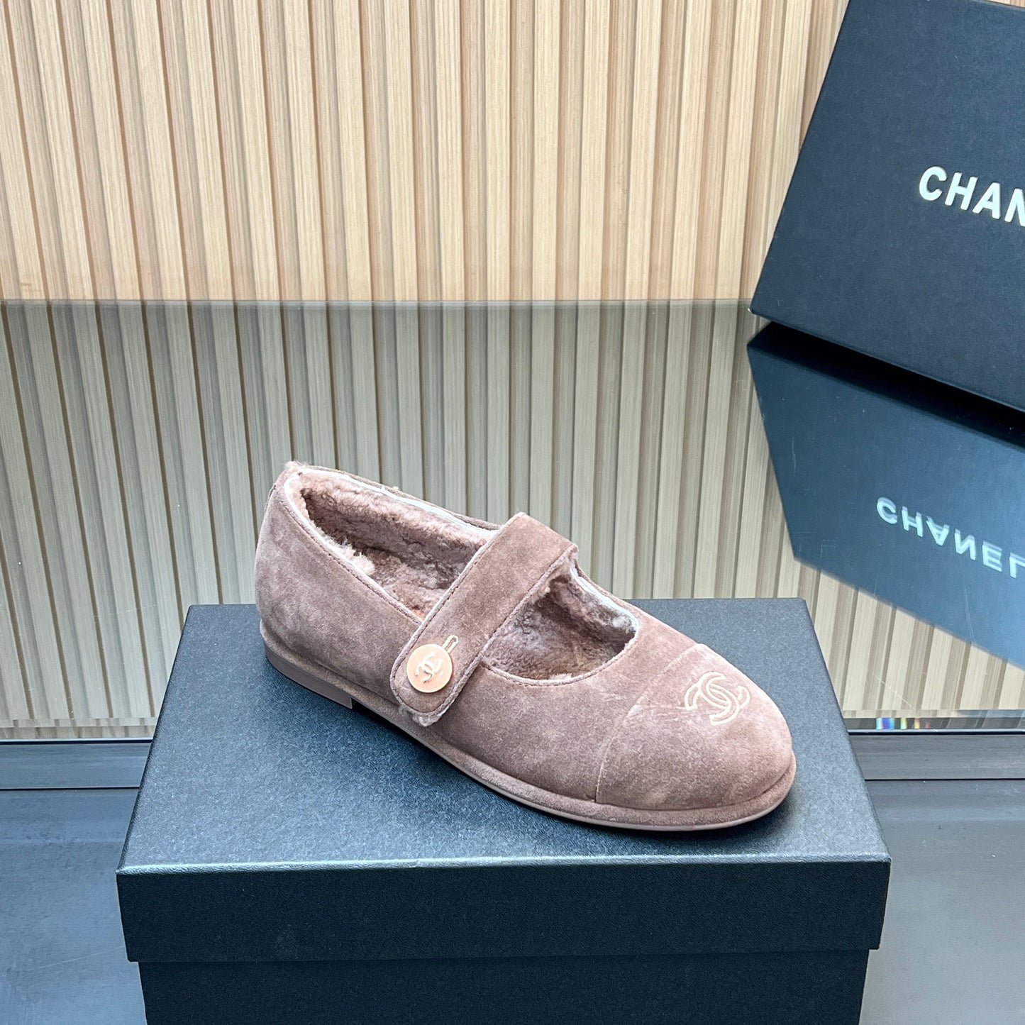 CHANEL 25S FURRY MARY JANE SHOES IN TAUPE GRAY SUEDE