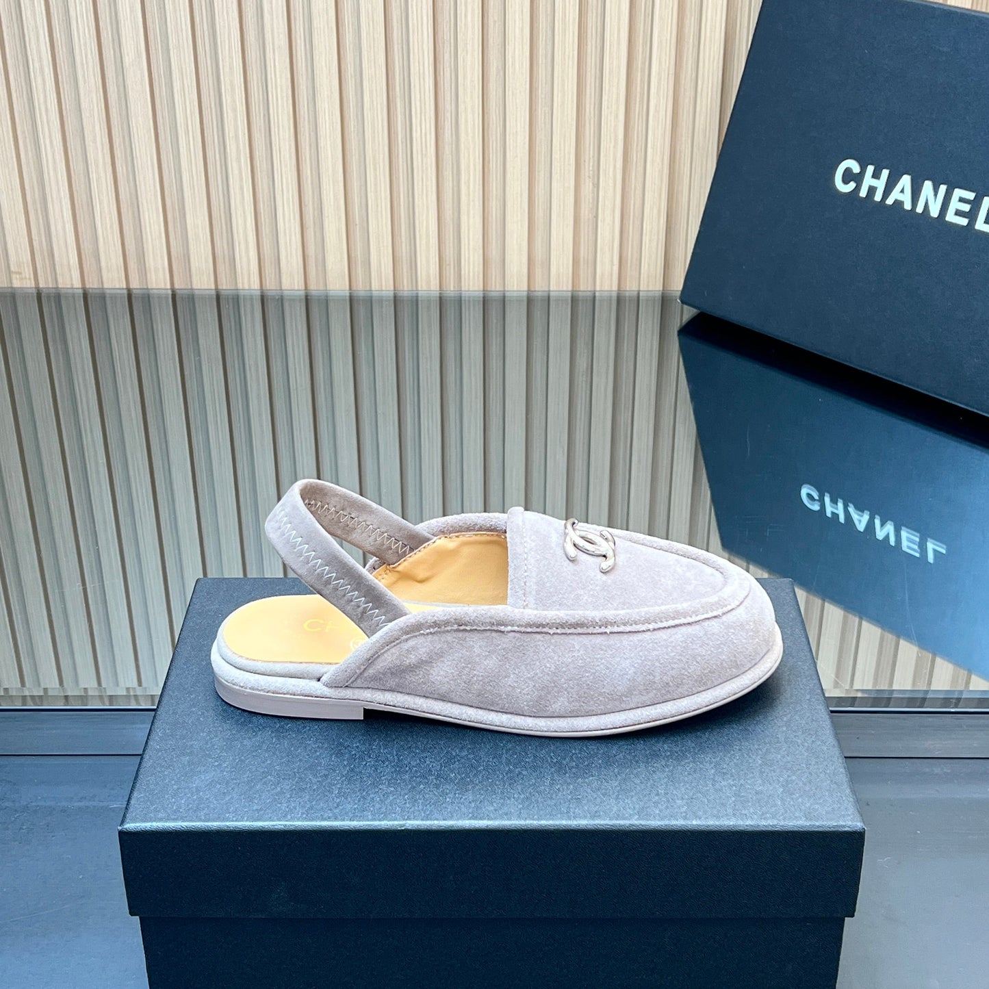 CHANEL 25S BACK STRAP MULE 15MM IN LIGHT GRAY SUEDE SILVER HARDWRE