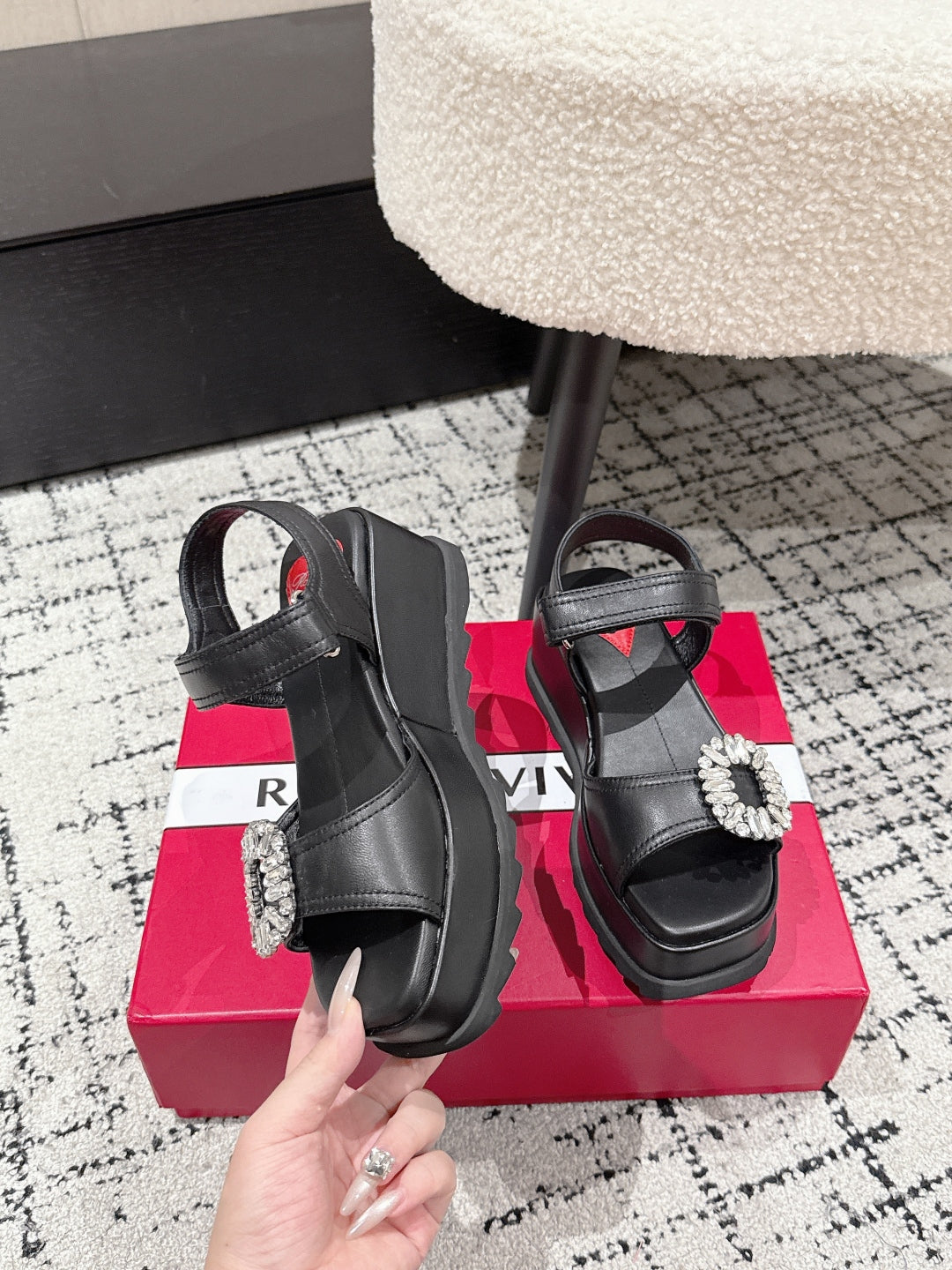 ROGER VIVIER 25S SLIDY VIV' WEDGE SANDALS 70 MM IN BLACK CALFSKIN EMBELLISHED CRYSTALS