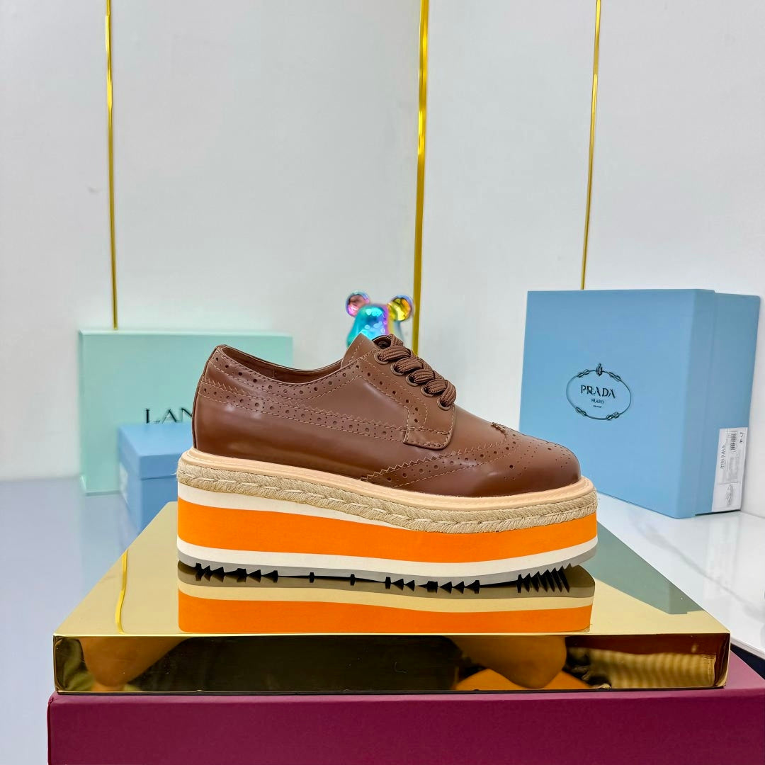 PRADA 25S FLAT WEDGE SHOES 60MM IN DARK BROWN CALFSKIN