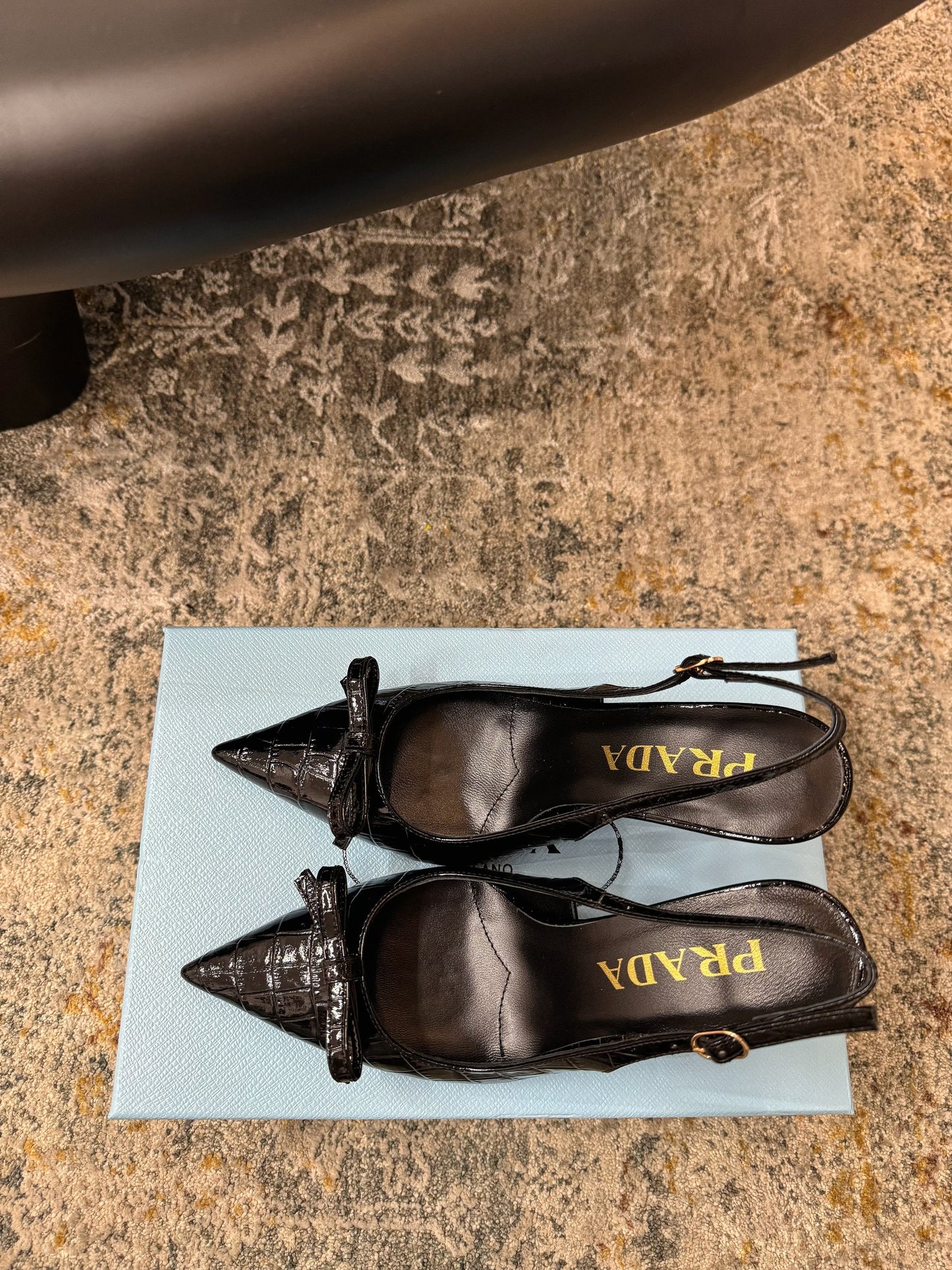 PRADA 25S SLINGBACK HIGH HEELS 75 MM IN BLACK EMBOSSED COWHIDE