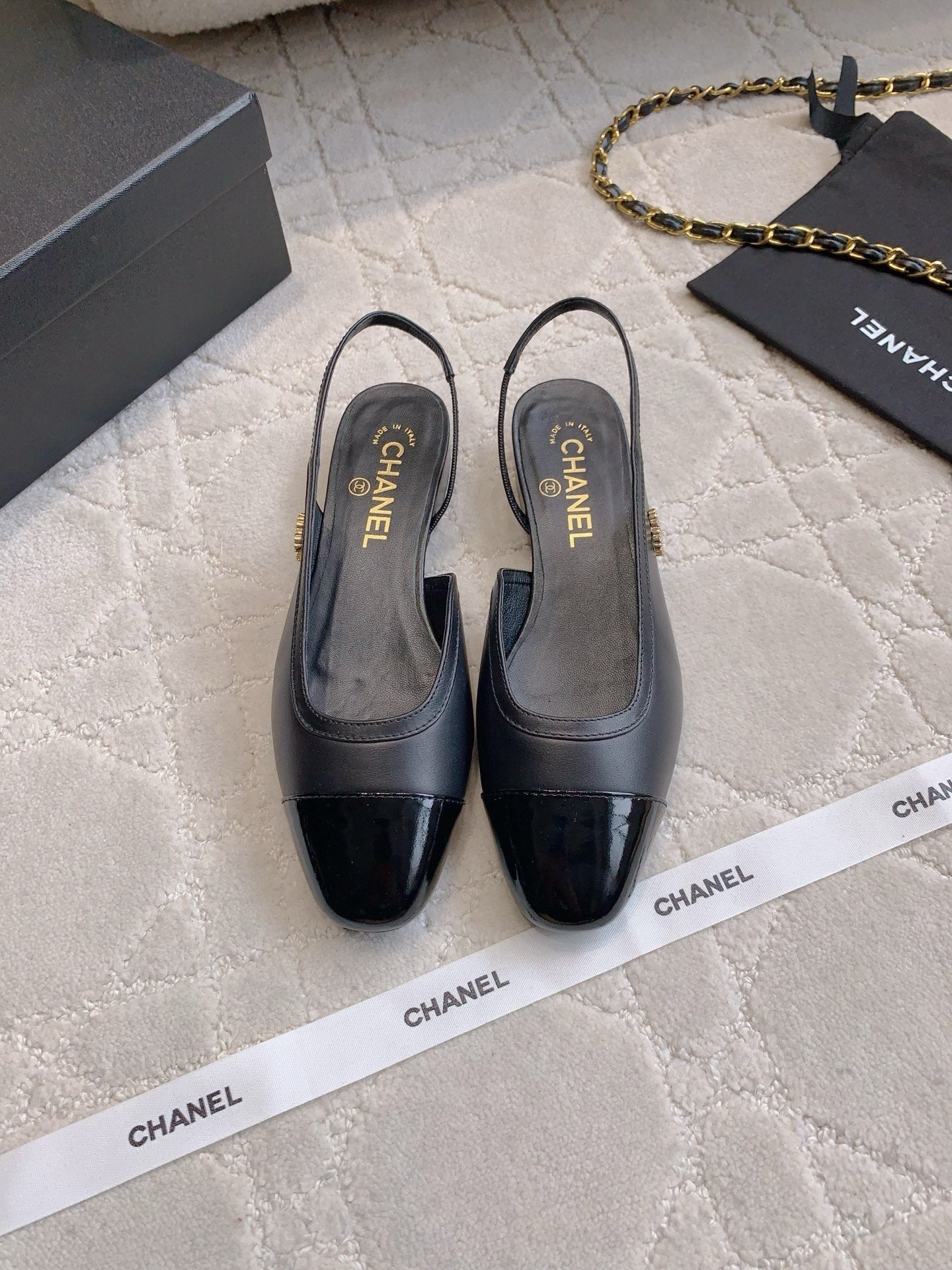 CHANEL 25S SLINGBACK IN BLACK FULL CALFSKIN GOLD HARDWARE