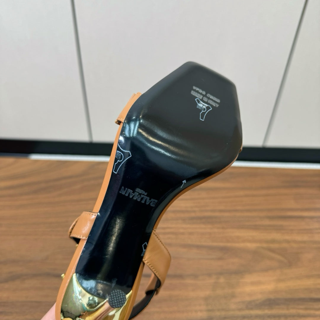 BALMAIN 25S HEELED EVA SANDALS 95MM IN BROWN AND PINK CALFSKIN