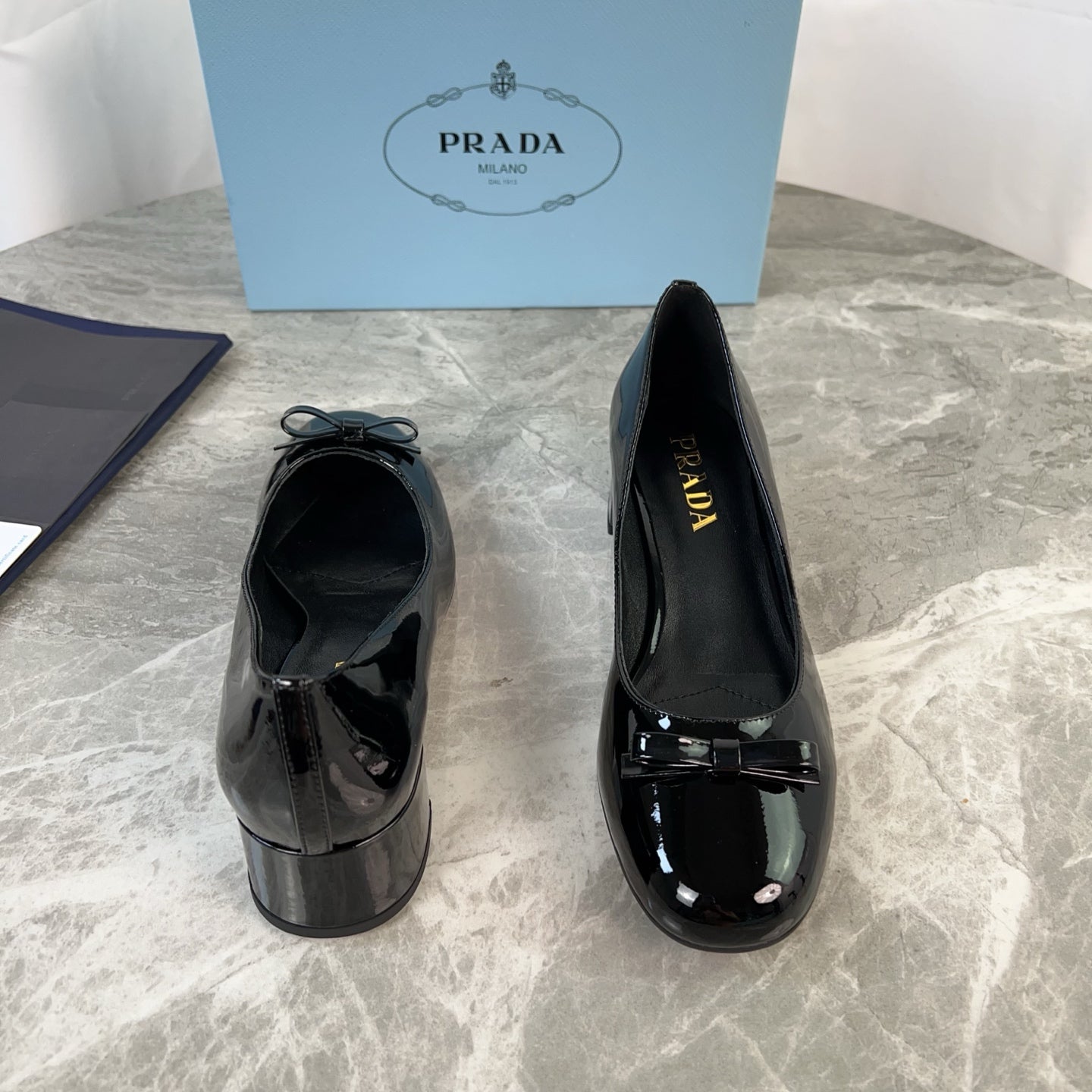 PRADA 25S LOW HEELS SLIP ON BOW 45MM IN BLACK GLOSSY CALFSKIN