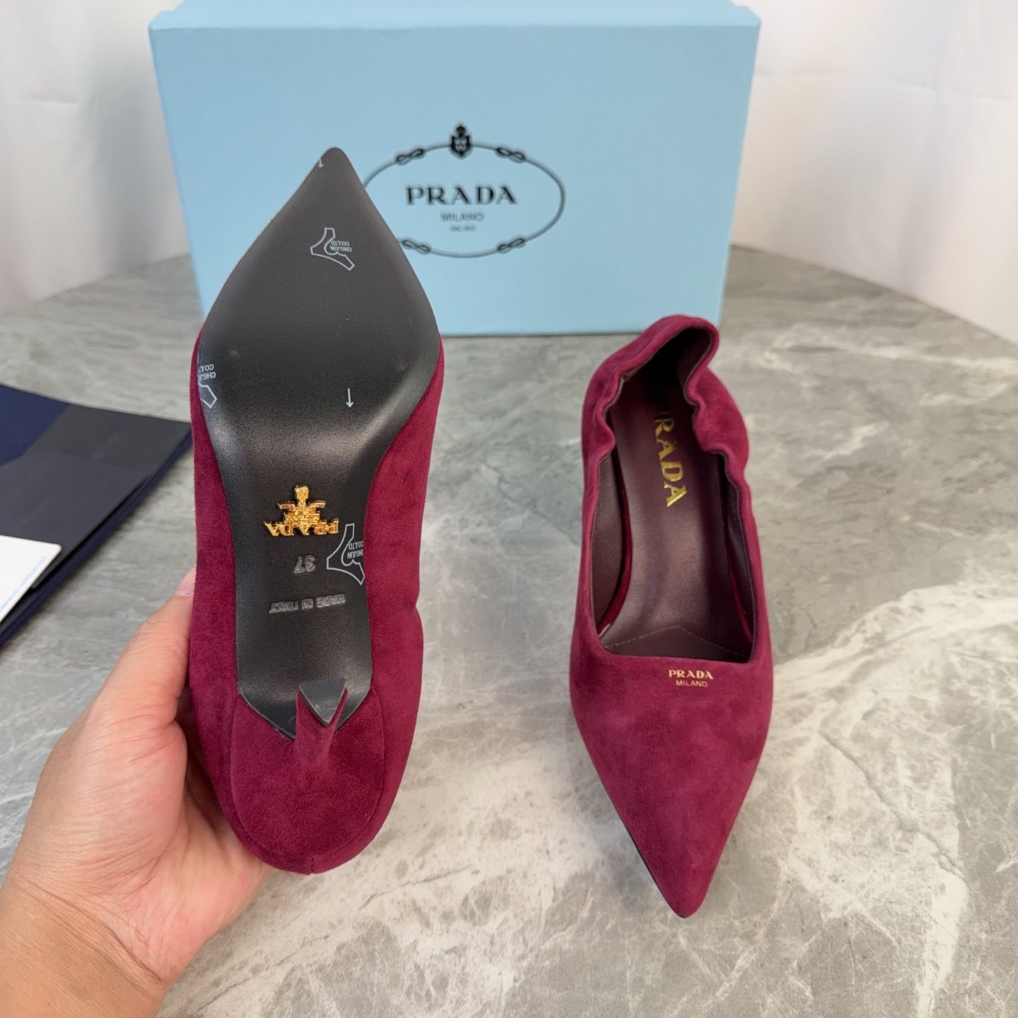PRADA 25S HIGH HEELS 75 MM IN DARK RED SUEDE