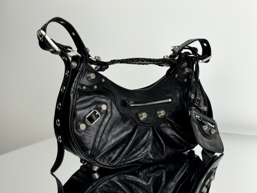 LE CAGOLE LARGE SHOULDER BAG 33 WITH RHINESTONES IN BLACK ARENA LAMBSKIN SILVER HARDWARE
