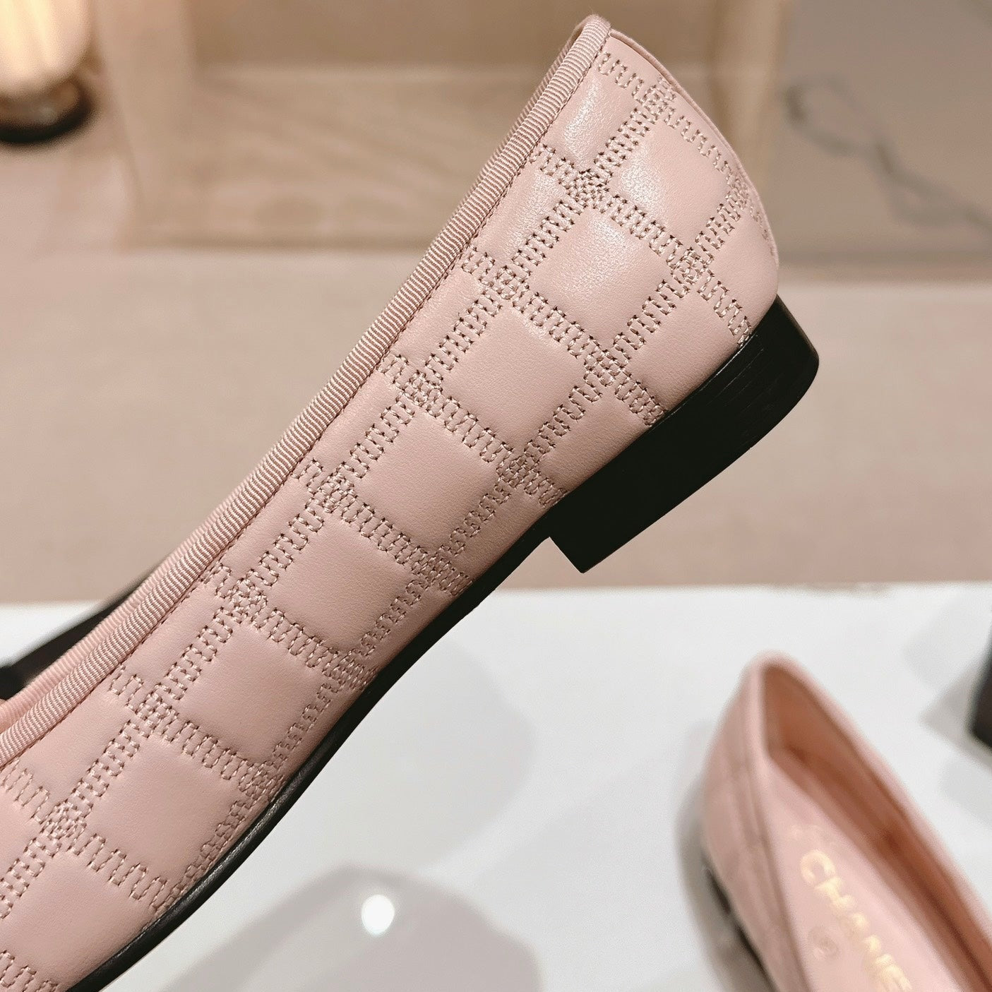 Double C New Ballet Flats Light Pink Black Lambskin