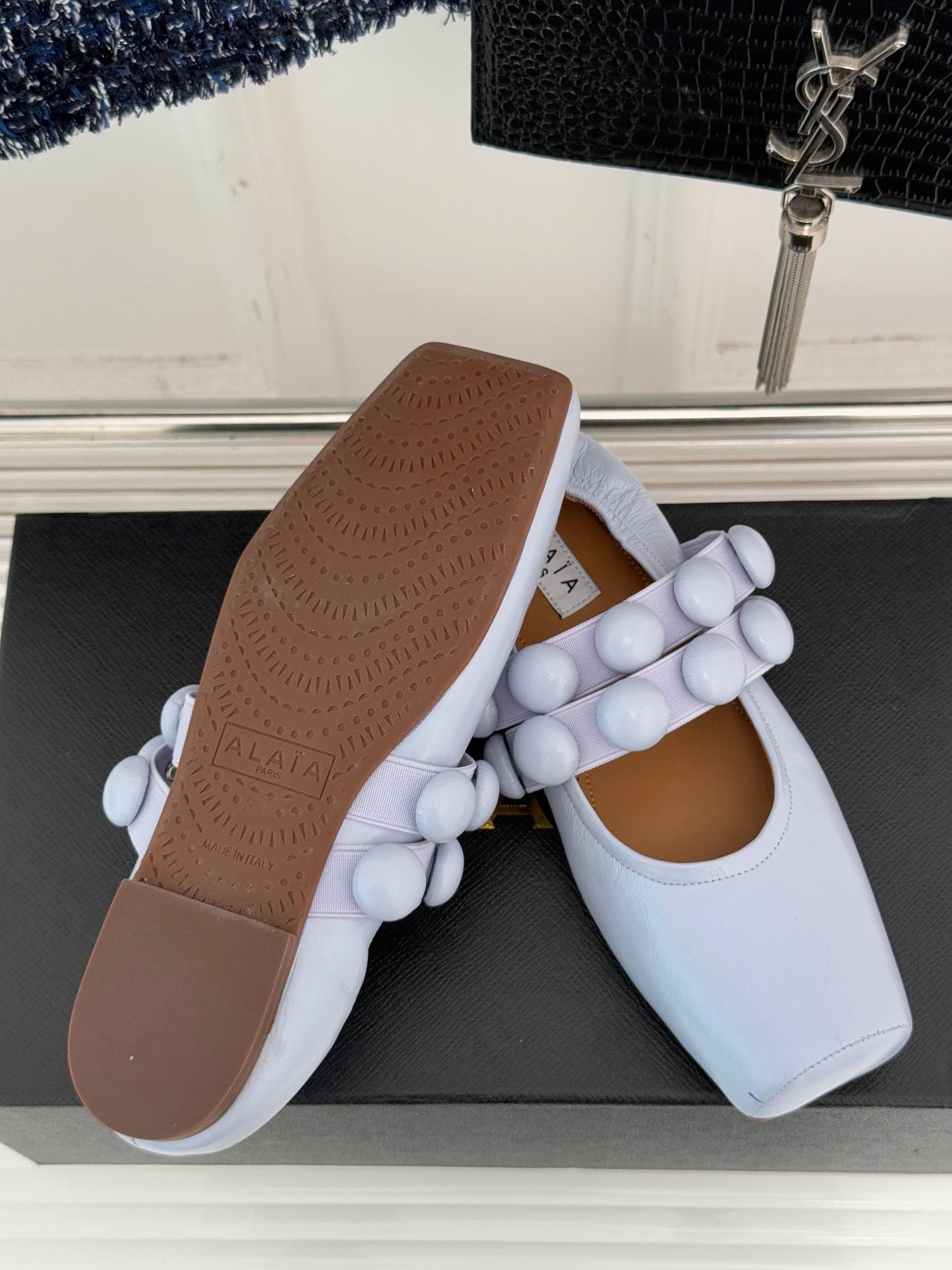 ALAIA MARY JANE PEARL IN PALE PURPLE GLOSSY LAMBSKIN