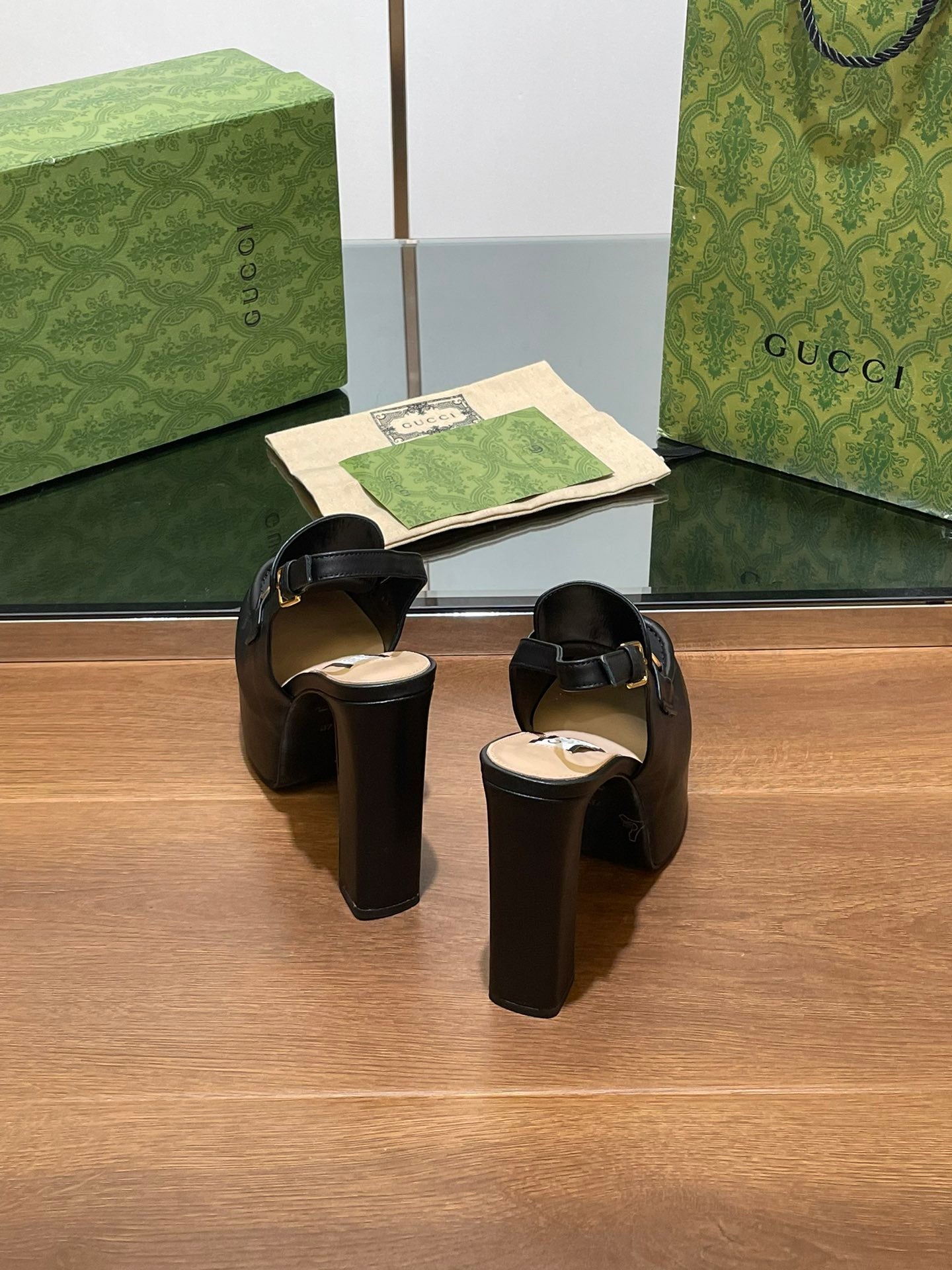 GG WOMEN'S HORSEBIT PLATFORM LOAFER SLINGBACK IN BLACK CALFSKIN