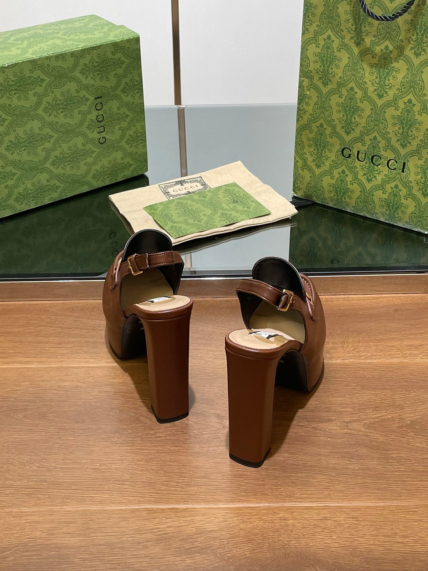 GG WOMEN'S HORSEBIT PLATFORM LOAFER SLINGBACK IN DARK BROWN CALFSKIN