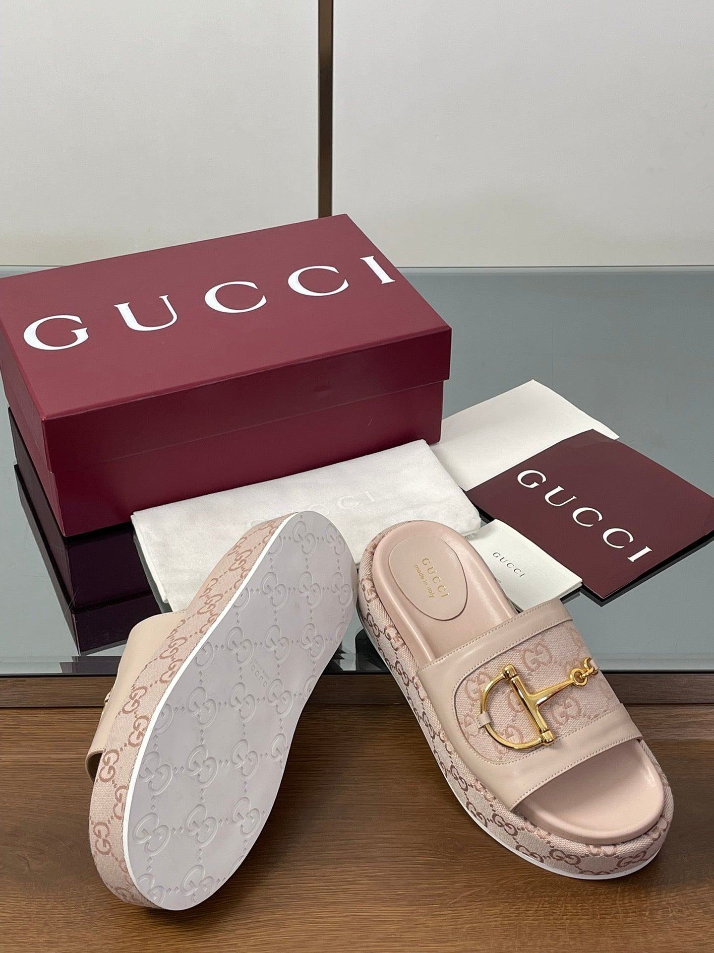 HIGH 5.5 CM WEDGE SANDALS IN LIGHT PINK CALFSKIN AND FABRIC