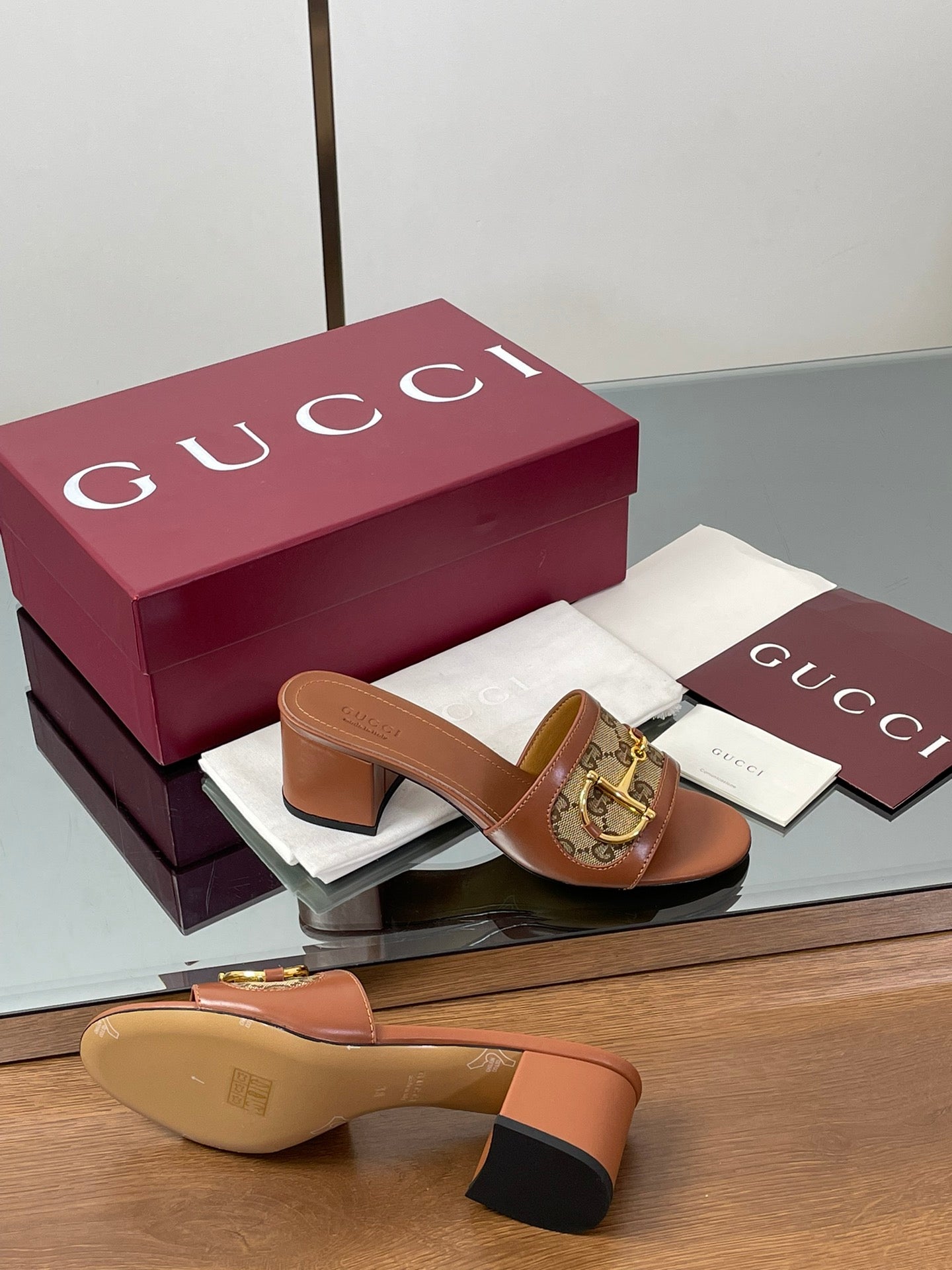 HIGH HEEL MULE 5.5 CM IN BROWN CALFSKIN MIX FABRIC AND GOLD HARDWARE