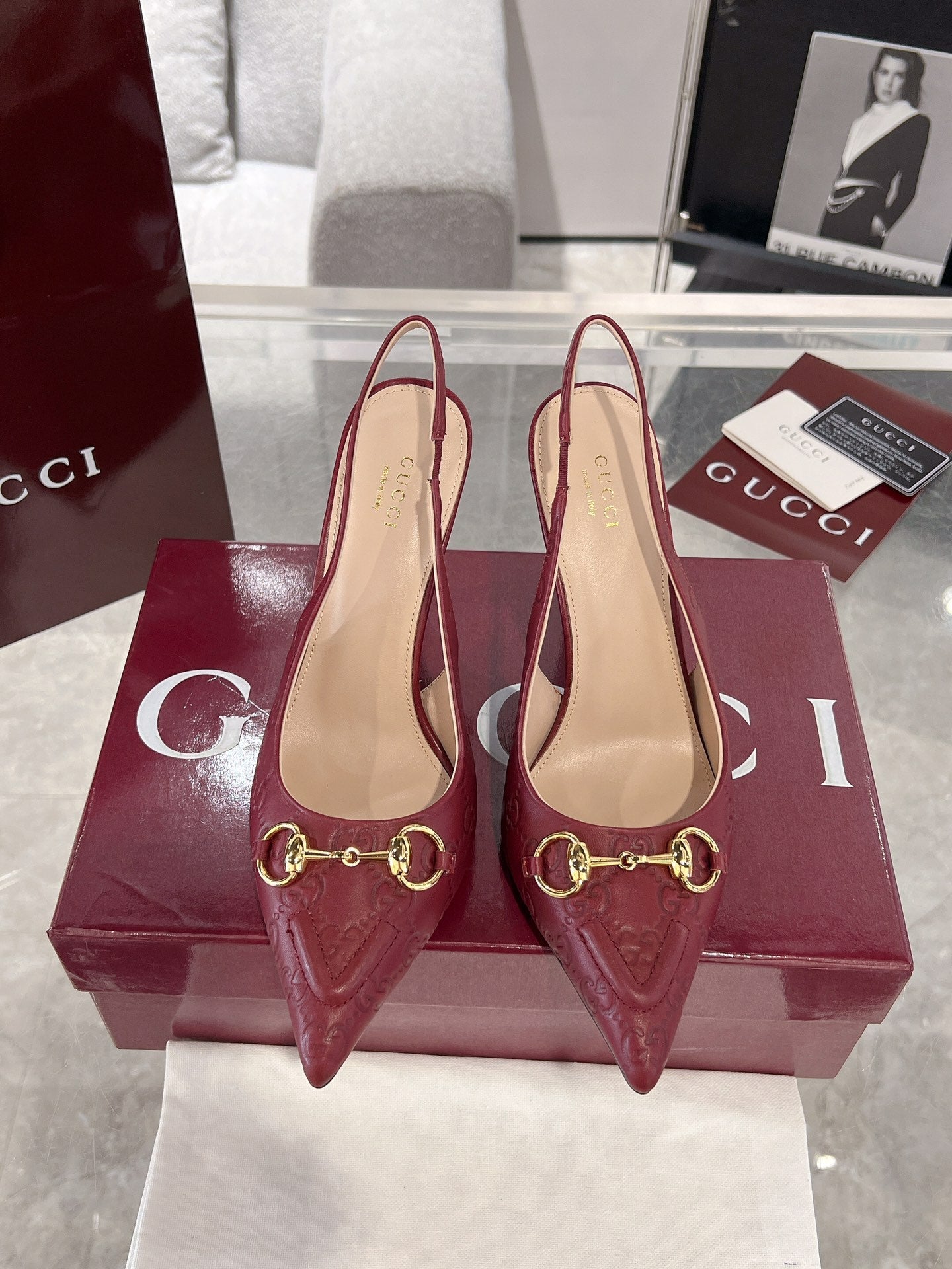 GG HIGH SLINGBACK 10.5 CM IN WINE RED GLOSSY EMBOSSED SUEDE AND SHEEPSKIN LINING