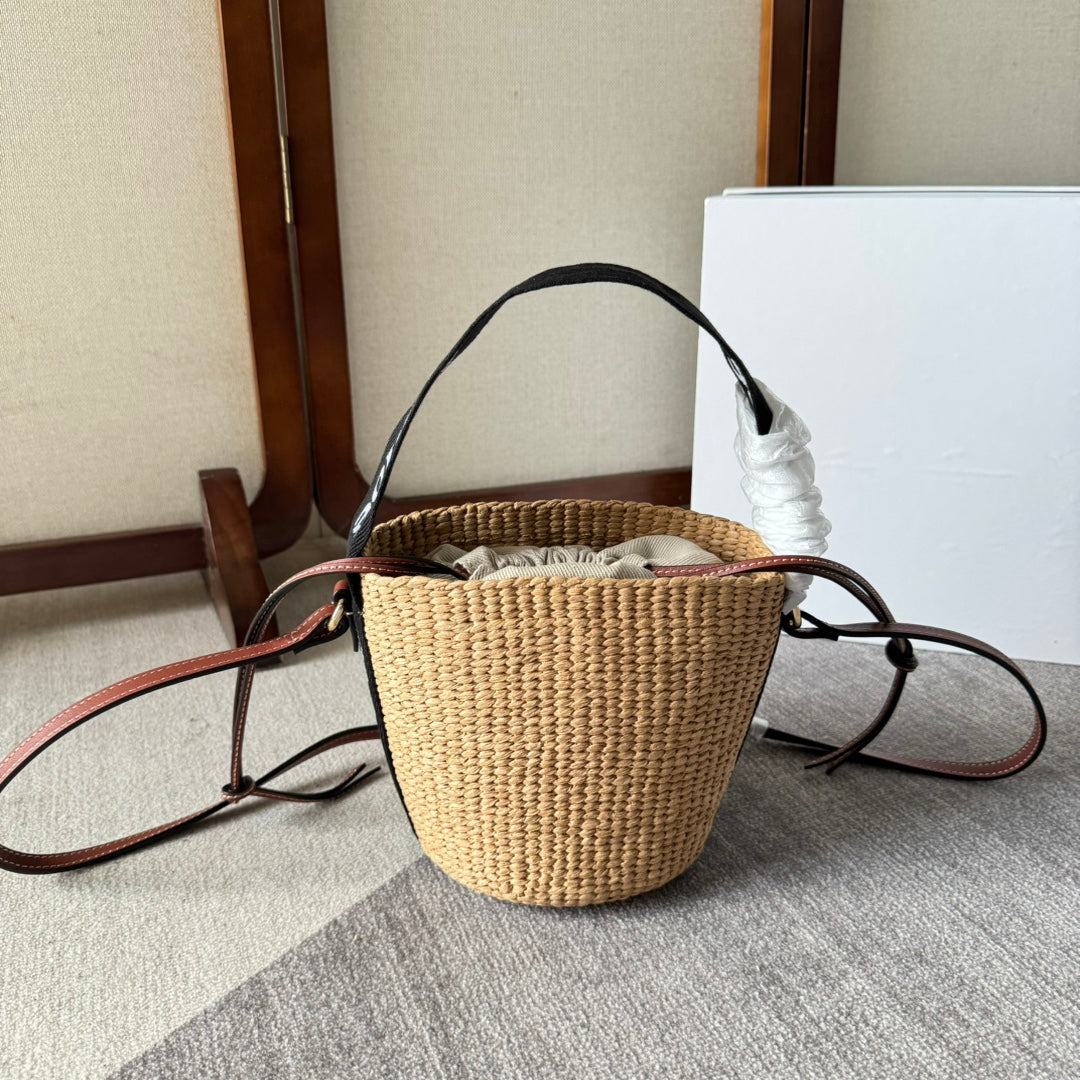 SMALL WOODY BASKET 17 IN NATURAL FIBERS BLACK WEBBING BROWN CALFSKIN