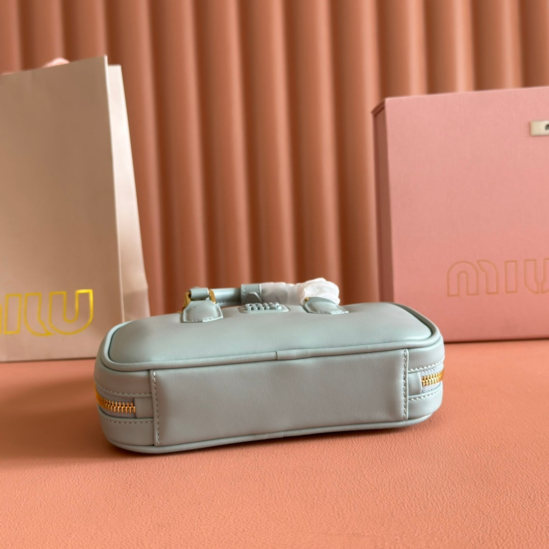 MIUMIU 26S ARCADIE BAG 19 IN SAGE GRAY CALFSKIN GOLD HARDWARE