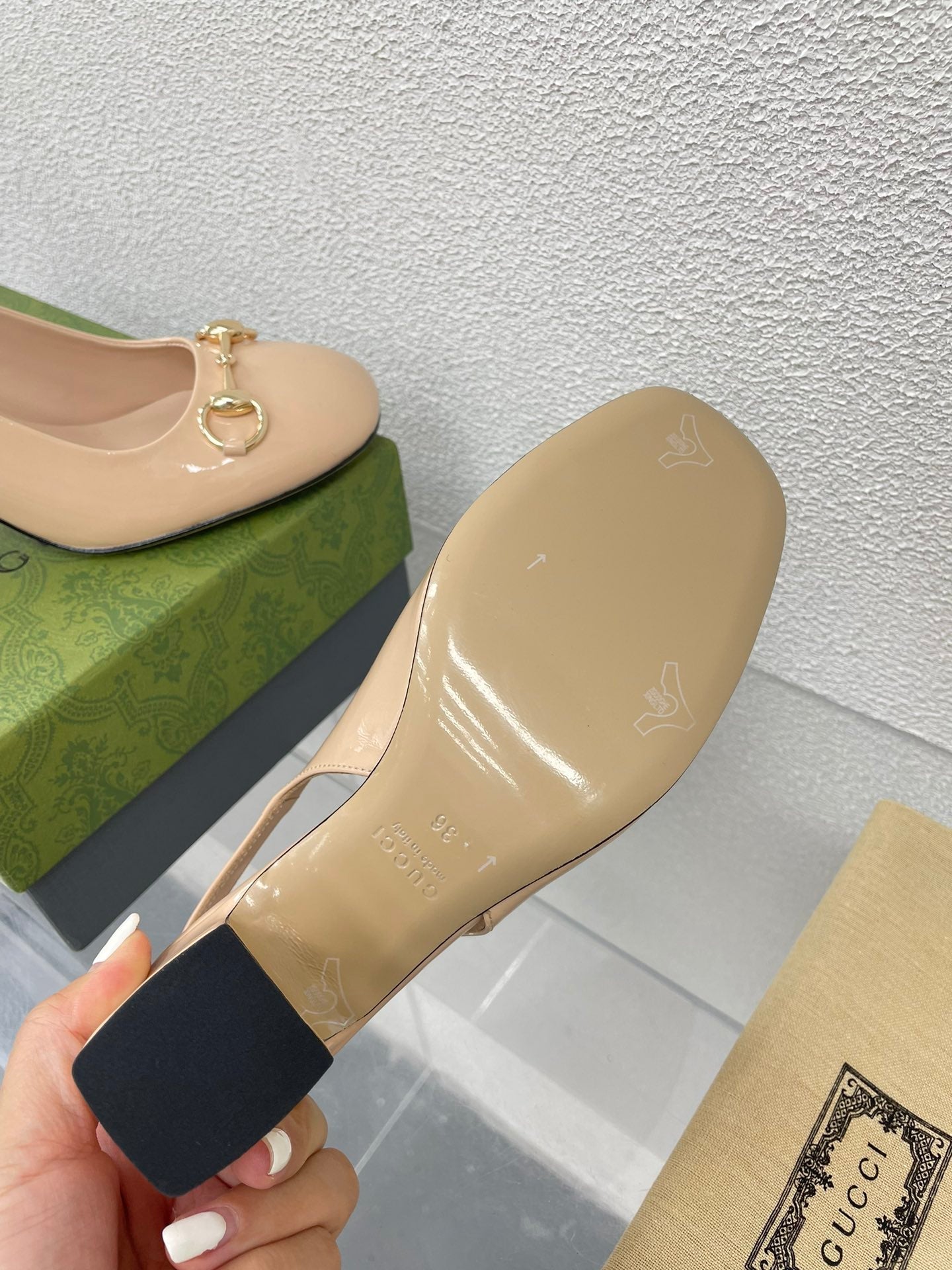 GG WOMEN'S HORSEBIT SLINGBACK 75MM IN TAN BEIGE CALFSKIN