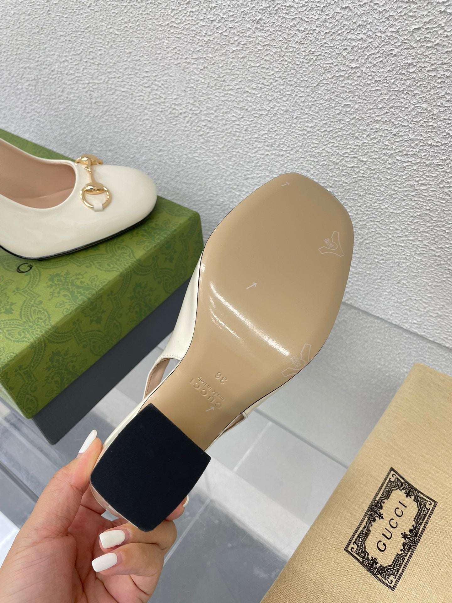 GG WOMEN'S HORSEBIT SLINGBACK 95MM IN WHITE CALFSKIN