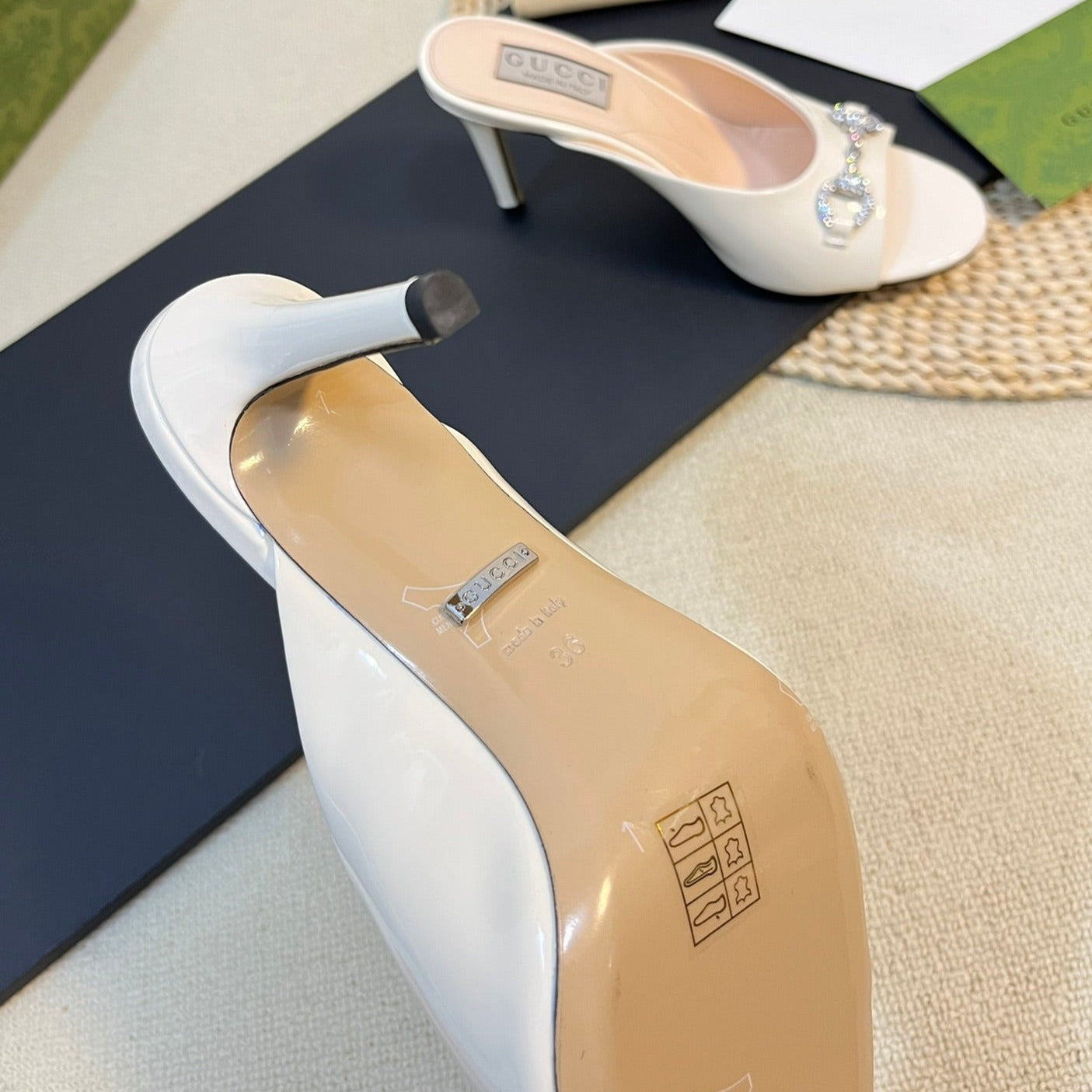 GG Women's Horsebit mid-heel slide sandal in glossy White leather