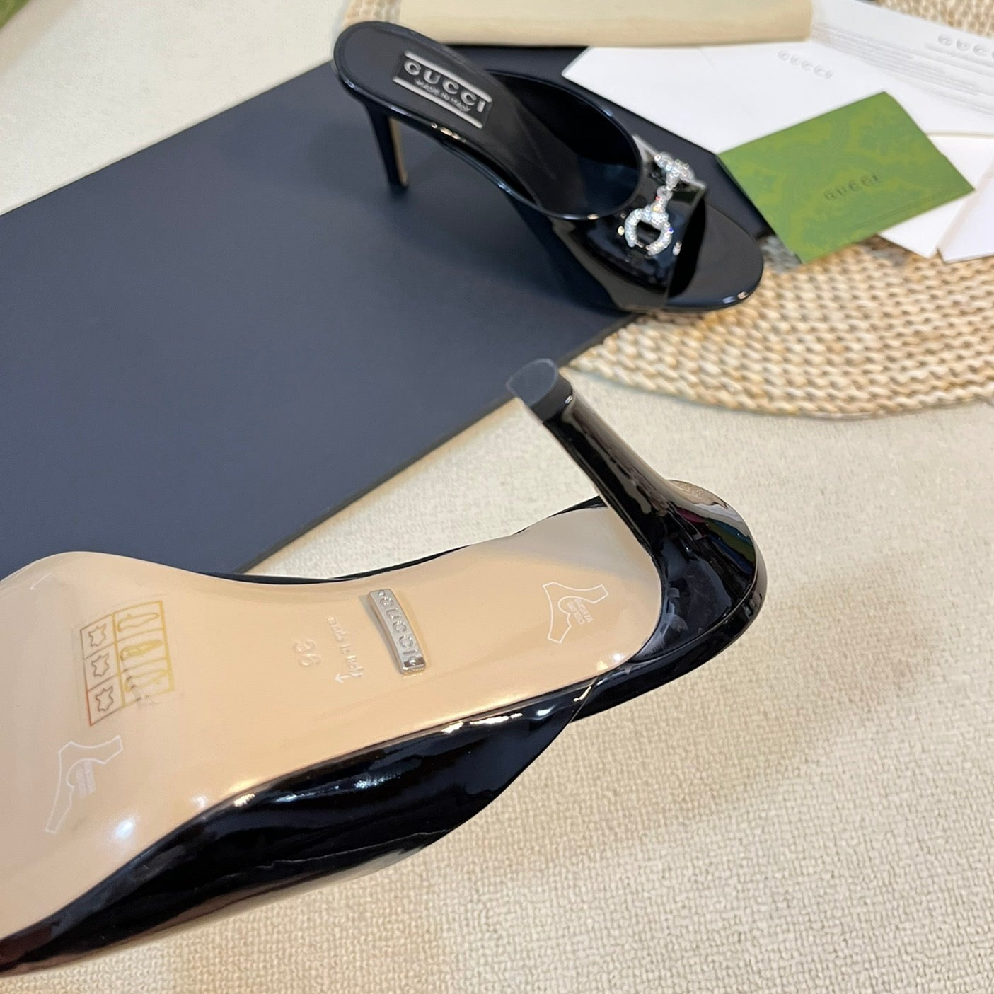 GG Women's Horsebit mid-heel slide sandal in glossy black leather