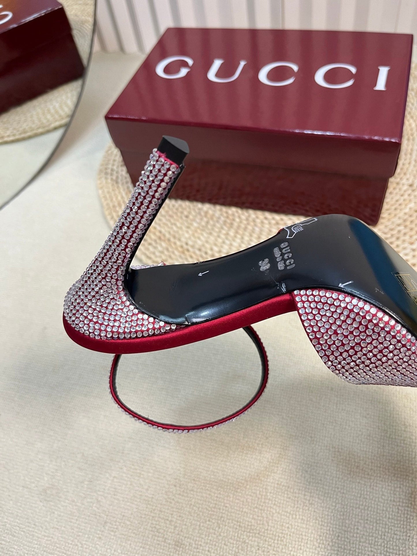 HIGH SLINGBACK 10 CM IN CHERRY RED SILK WITH FULL RHINSTONES