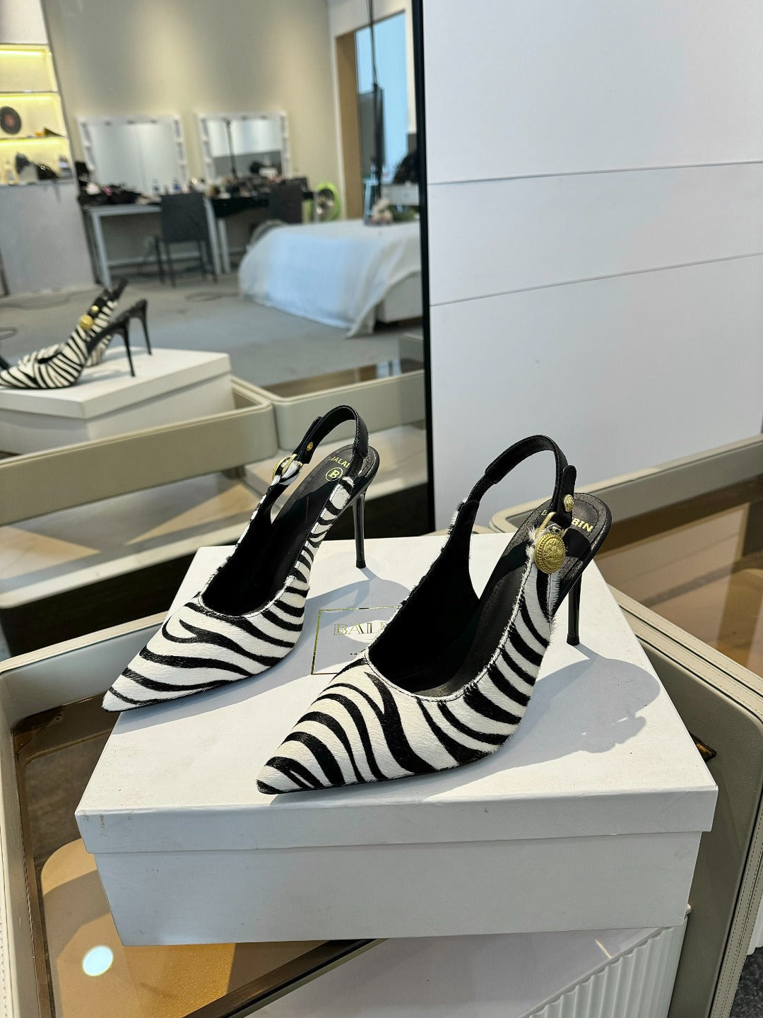 BALMAIN 25S SLINGBACK EVA 95MM IN WHITE AND BLACK ZEBRA PRINT CALFSKIN