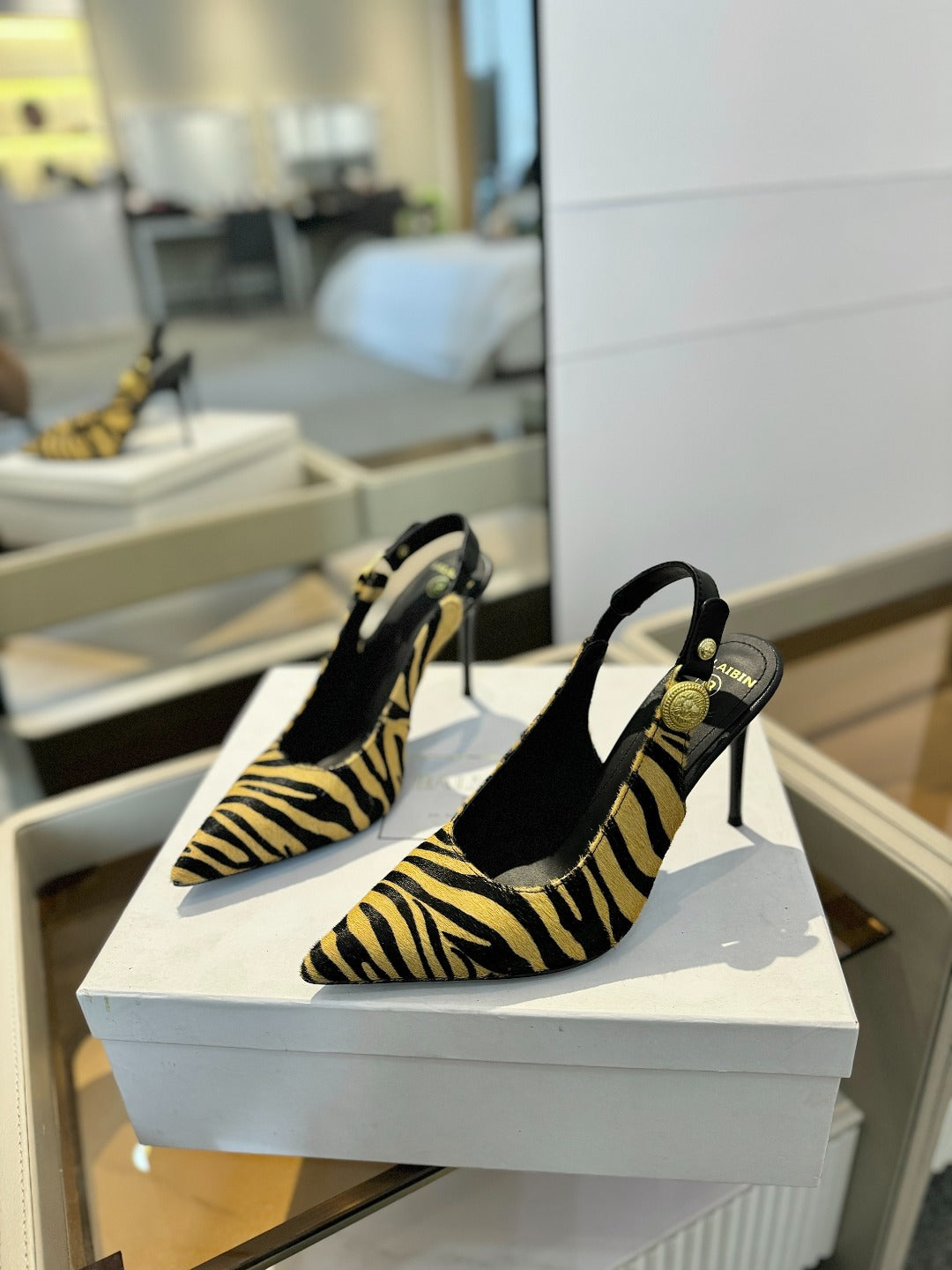 BALMAIN 25S SLINGBACK EVA 95MM IN YELLOW AND BLACK ZEBRA PRINT CALFSKIN