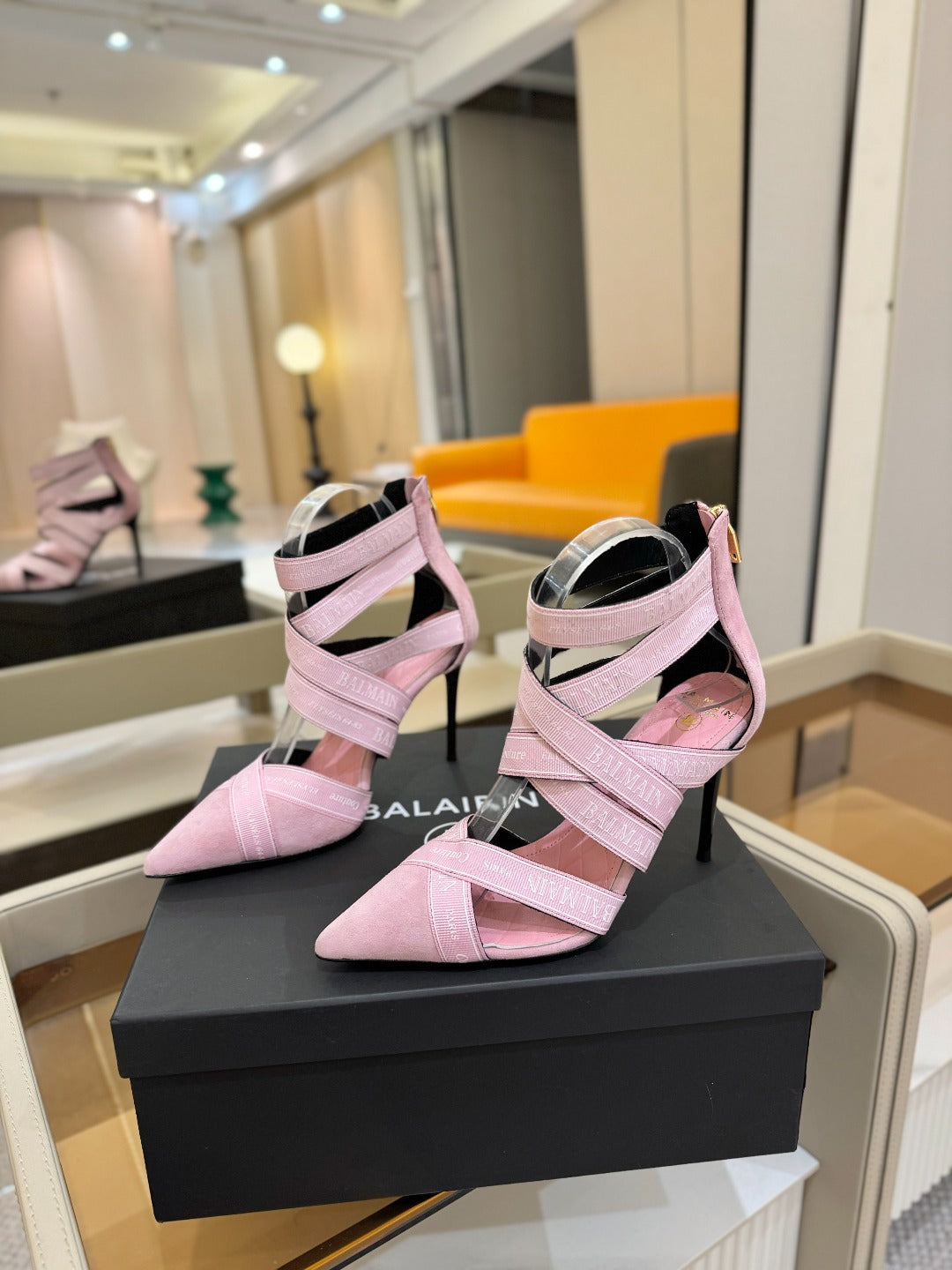 BALMAIN 25S HIGH HEELS LOGO RIBBON 95MM IN PINK SUEDE